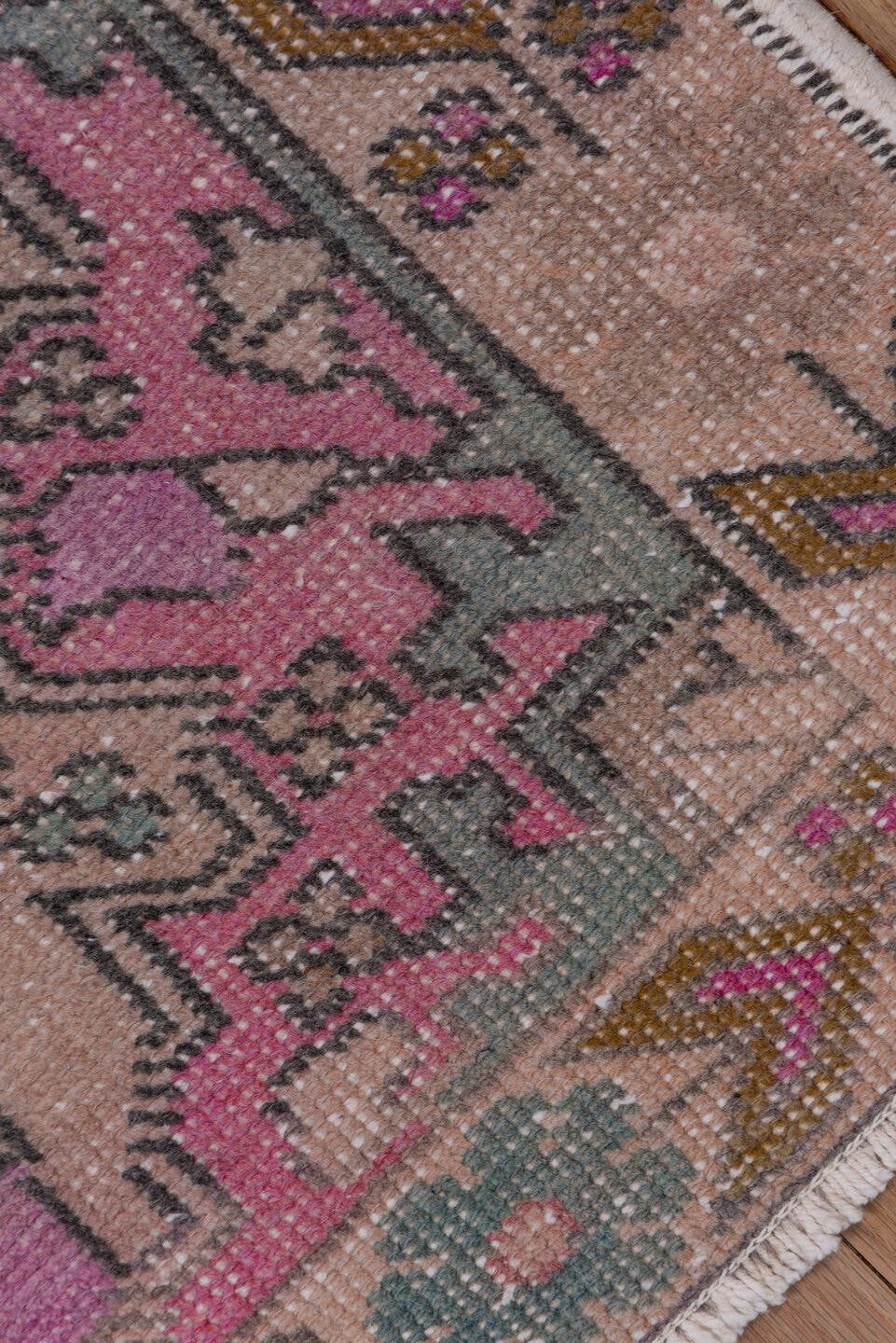 4' x 7' one-of-a-kind handmade vintage Oushak rug. Color palette: blush, ivory, dusty rose, pale blue, taupe, pink, sage