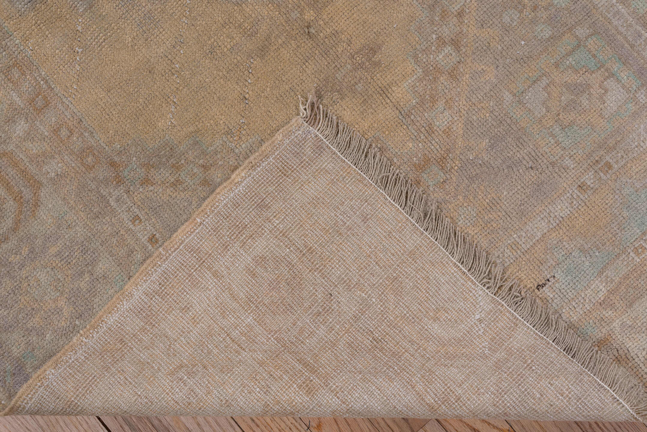 3' x 6' one-of-a-kind handmade vintage Oushak small size rug. Color palette: tan, taupe, beige, ivory, pale aqua, camel