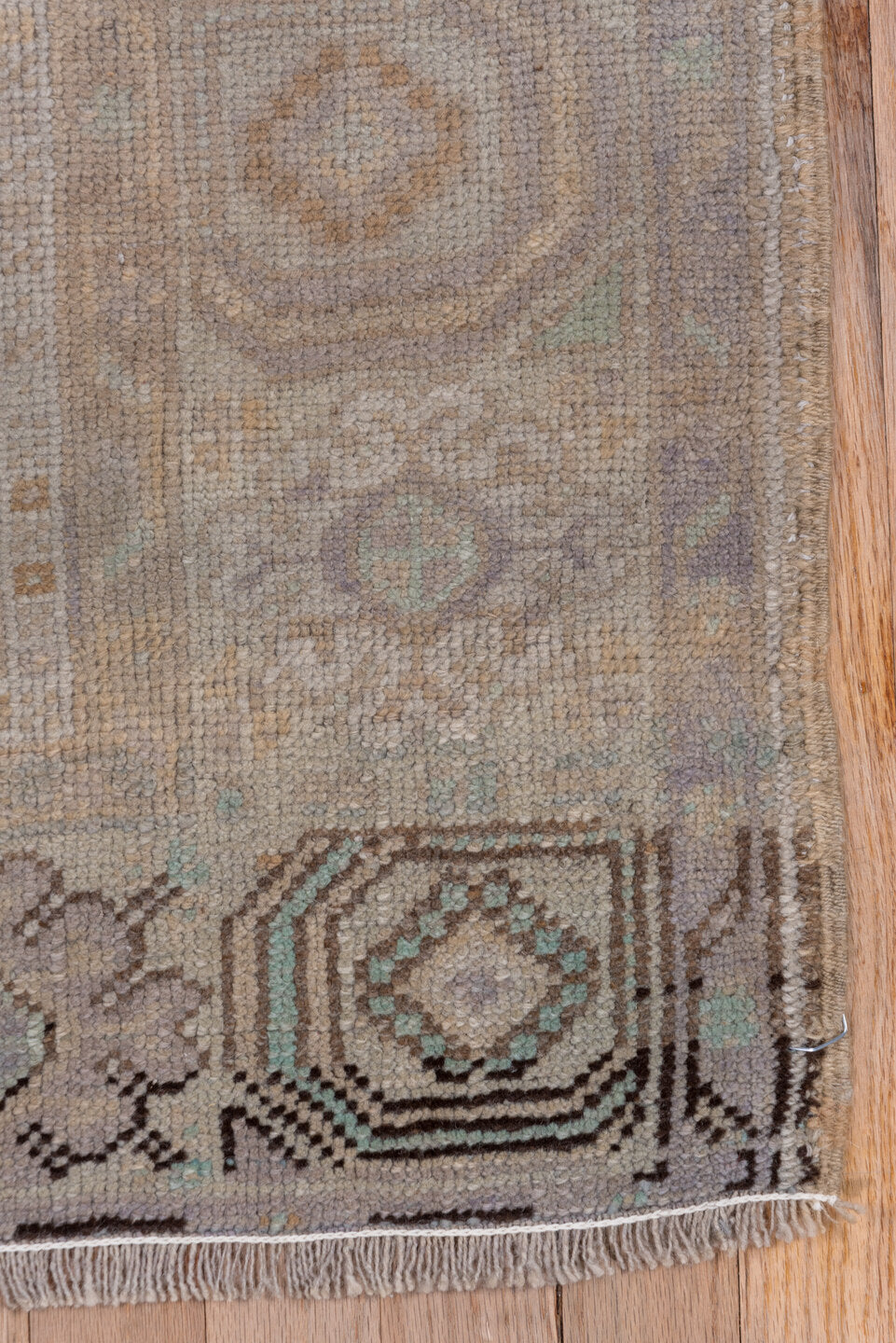 3' x 6' one-of-a-kind handmade vintage Oushak small size rug. Color palette: tan, taupe, beige, ivory, pale aqua, camel