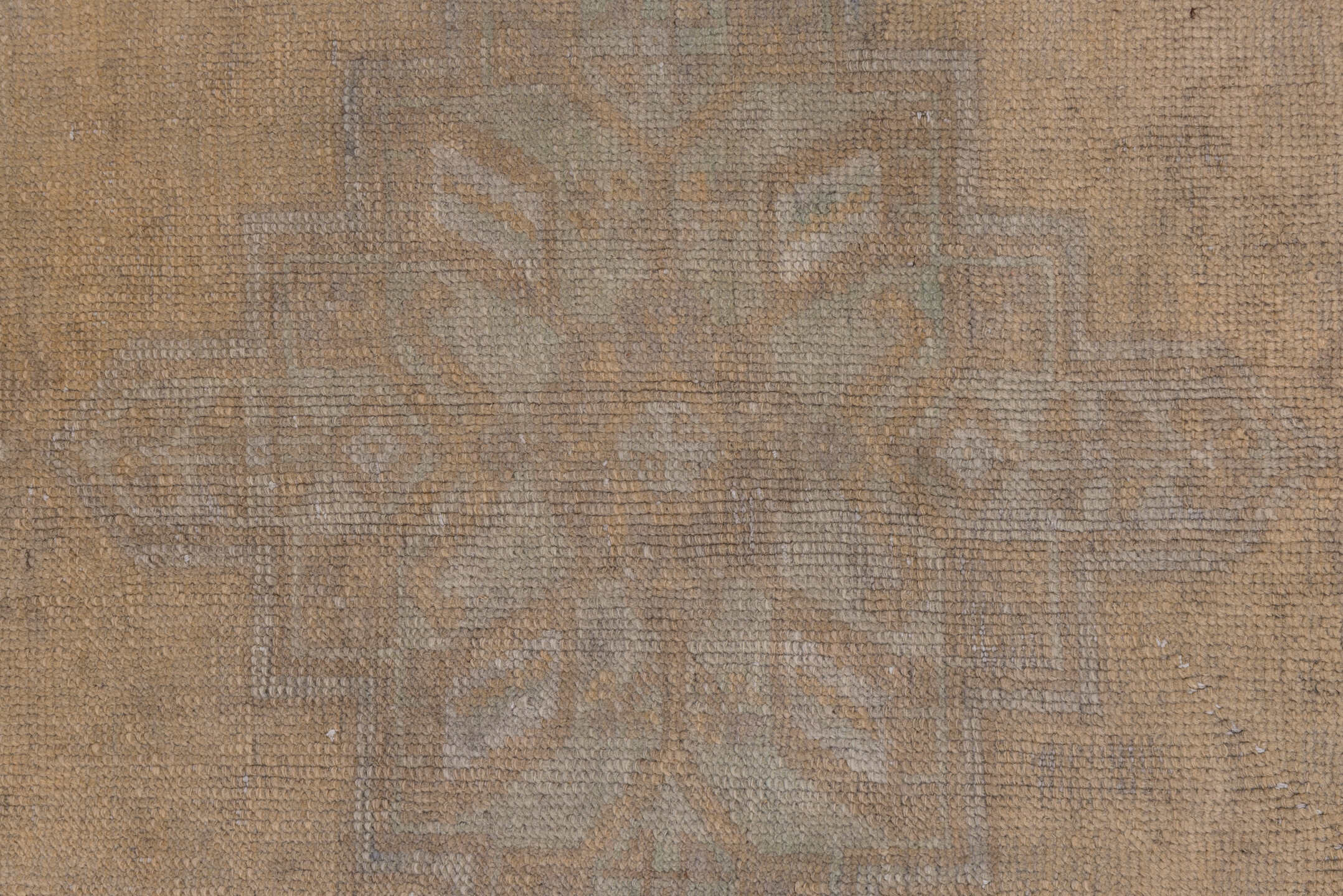 3' x 6' one-of-a-kind handmade vintage Oushak small size rug. Color palette: tan, taupe, beige, ivory, pale aqua, camel