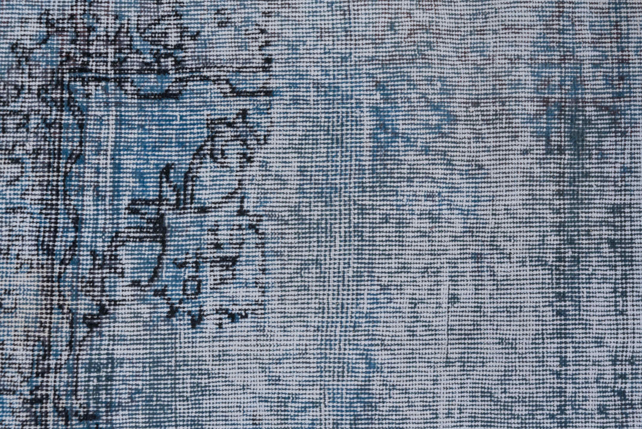 4' x 6' one-of-a-kind handmade vintage Overdyed small size rug. Color palette: pale blue, charcoal, slate, ivory, light blue