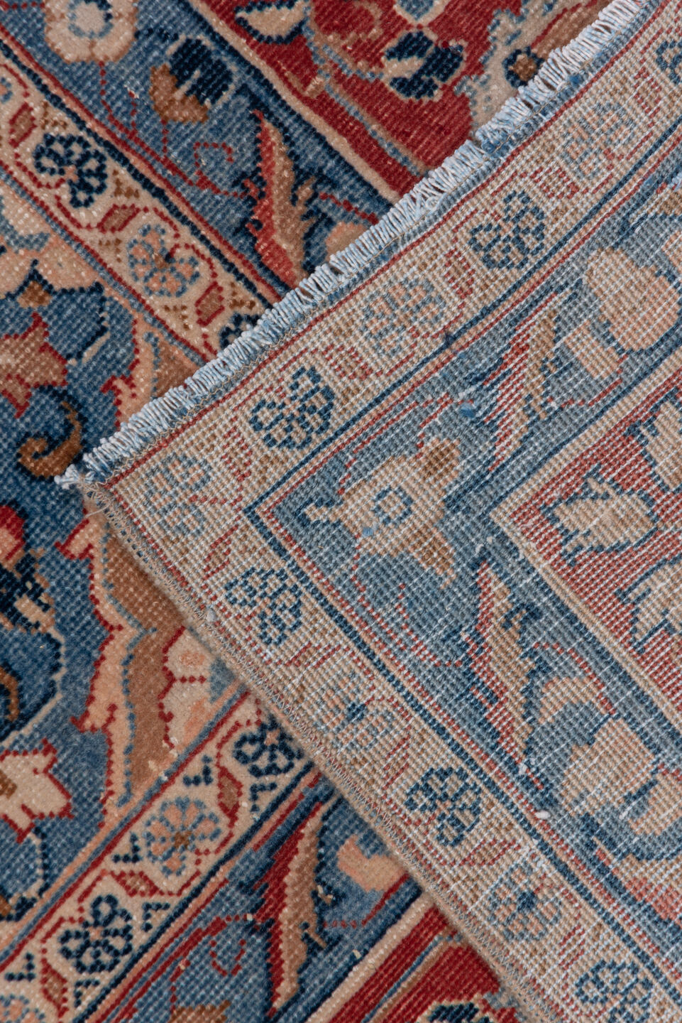 8' x 11' one-of-a-kind handmade vintage Kashan large size rug. Color palette: blue, brown, fiord, gray, light slate gray