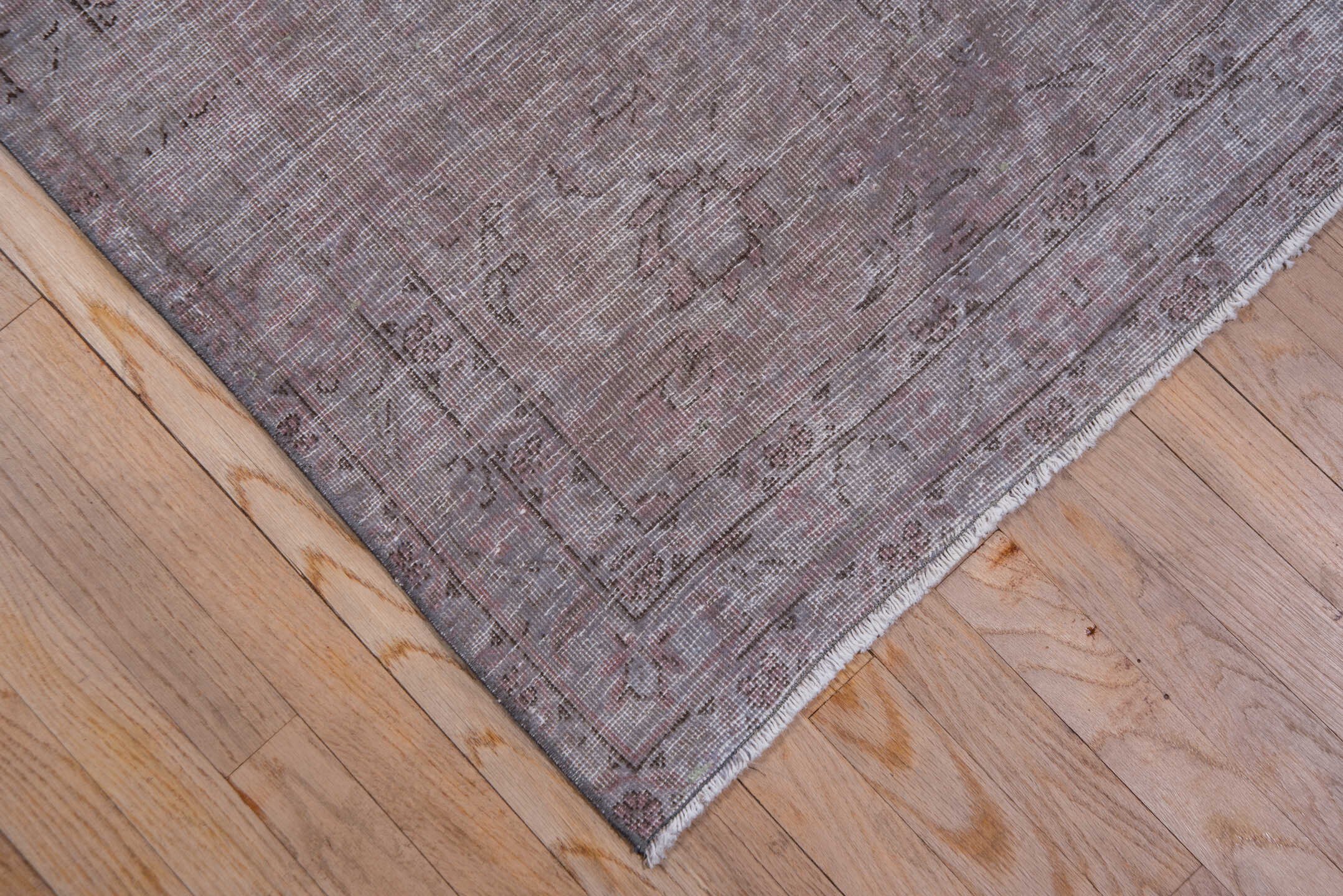 9' x 12' one-of-a-kind handmade vintage Overdyed large size rug. Color palette: gray, light blue, light gray, pink