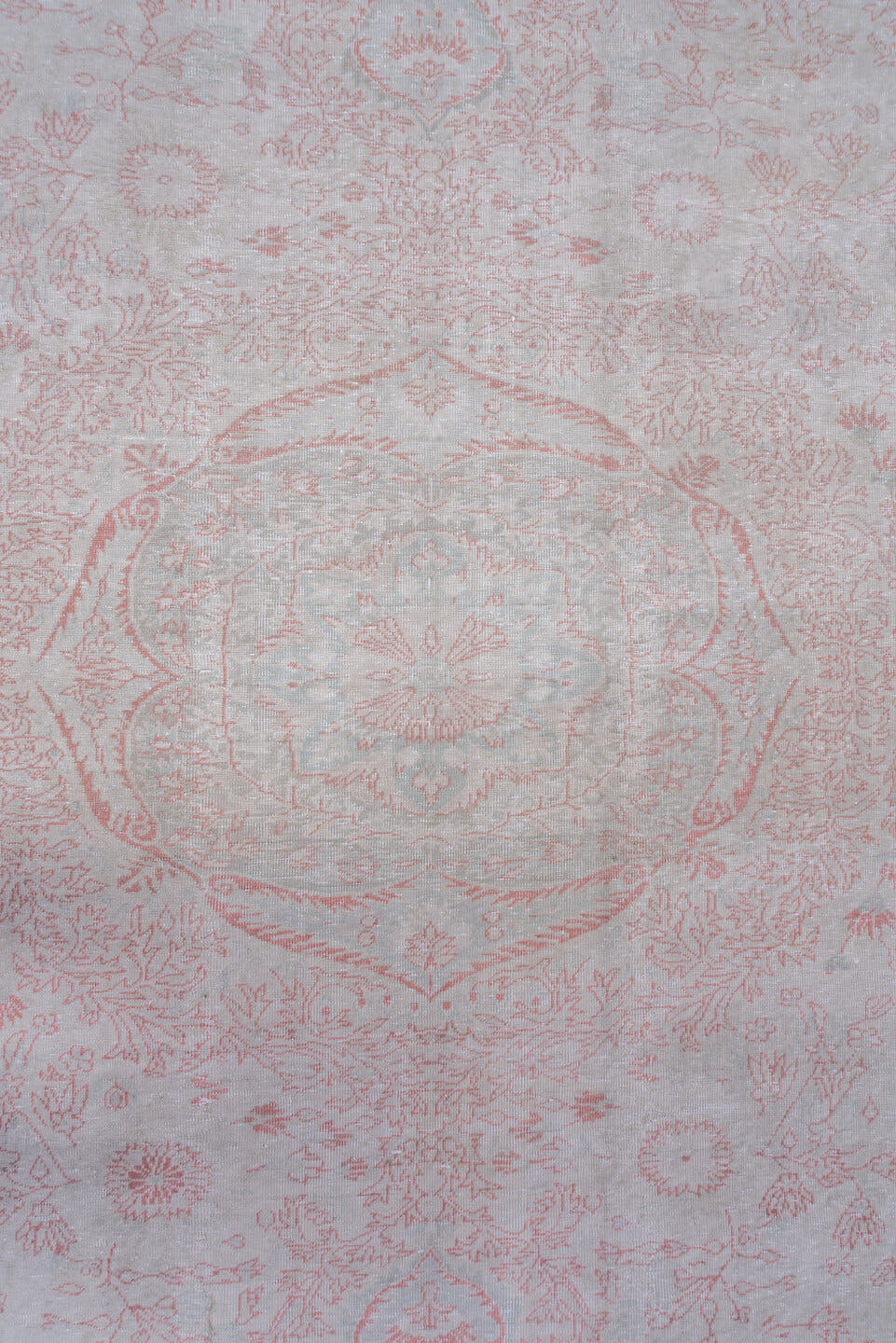 8' x 12' one-of-a-kind handmade vintage Sivas large size rug. Color palette: ivory, blush, pale pink, silver, taupe, pink