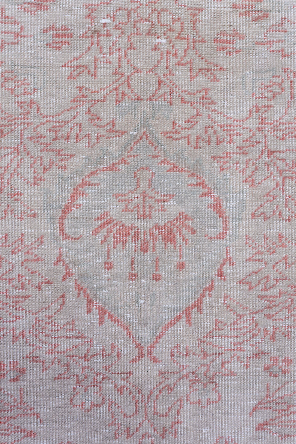 8' x 12' one-of-a-kind handmade vintage Sivas large size rug. Color palette: ivory, blush, pale pink, silver, taupe, pink