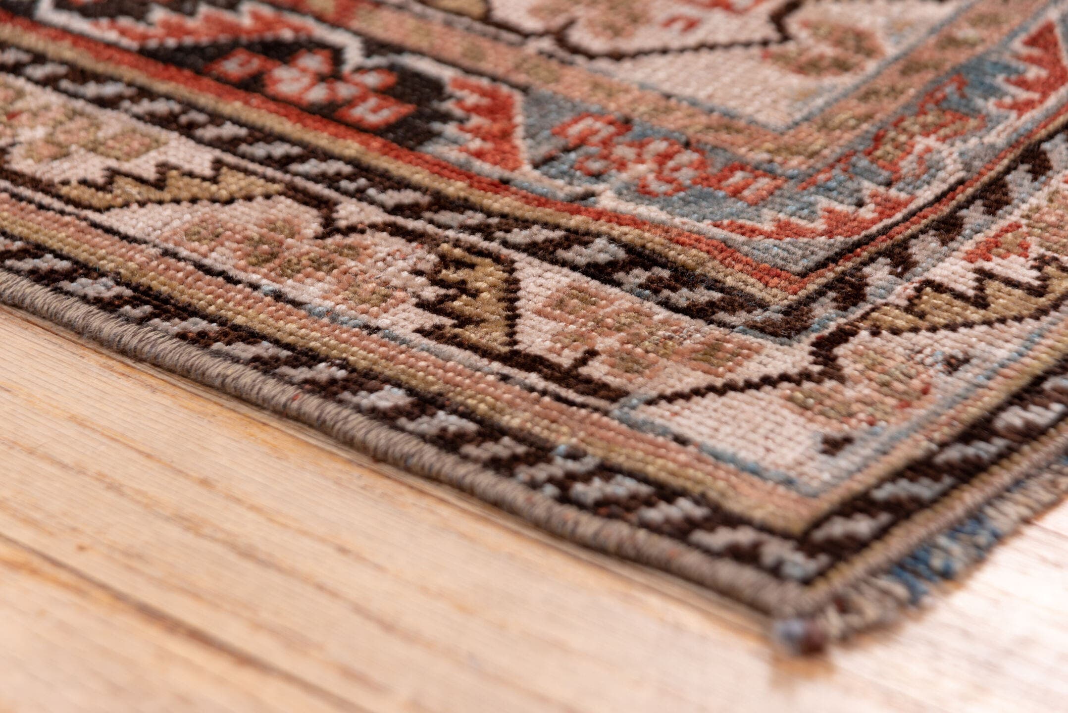 5' x 10' one-of-a-kind handmade antique Qashqai medium size rug. Color palette: ivory, charcoal, rust, slate, taupe, camel