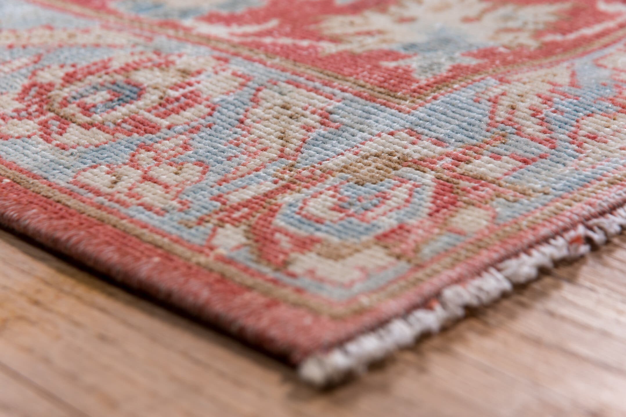 10' x 13' one-of-a-kind handmade vintage Kashan large size rug. Color palette: ivory, coral, sky blue, brick red, dusty rose
