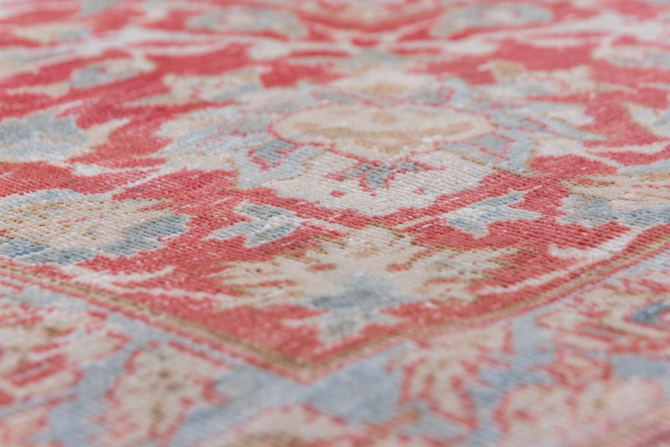 10' x 13' one-of-a-kind handmade vintage Kashan large size rug. Color palette: ivory, coral, sky blue, brick red, dusty rose