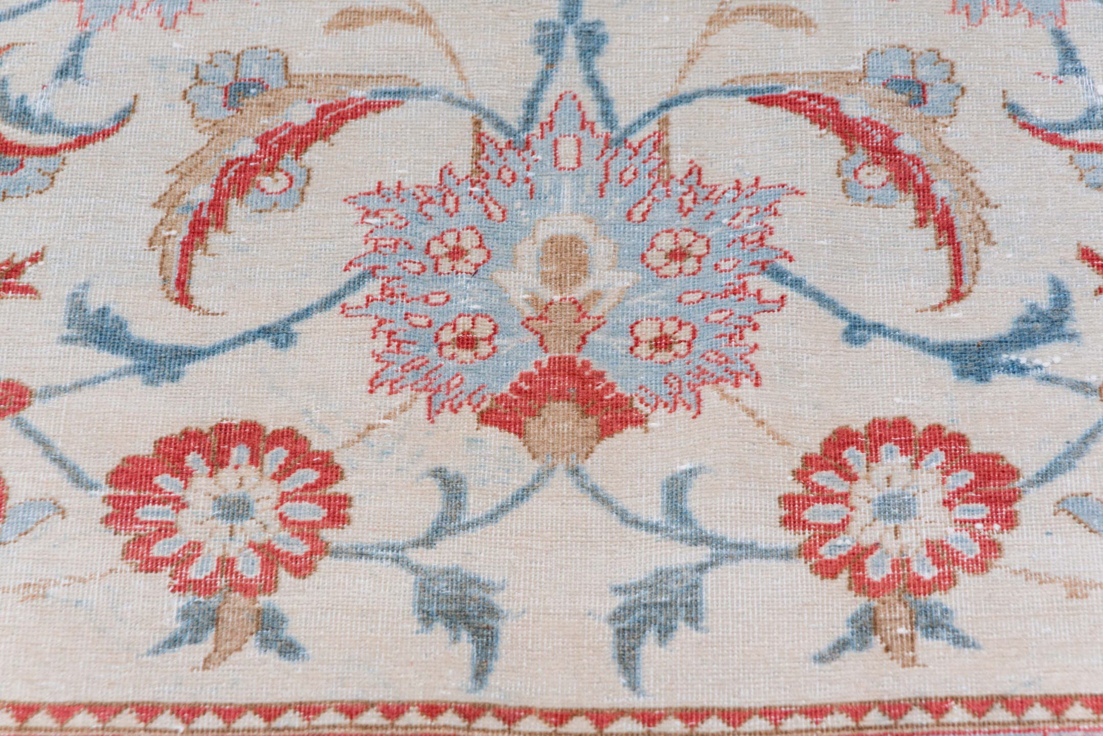 10' x 13' one-of-a-kind handmade vintage Kashan large size rug. Color palette: ivory, coral, sky blue, brick red, dusty rose