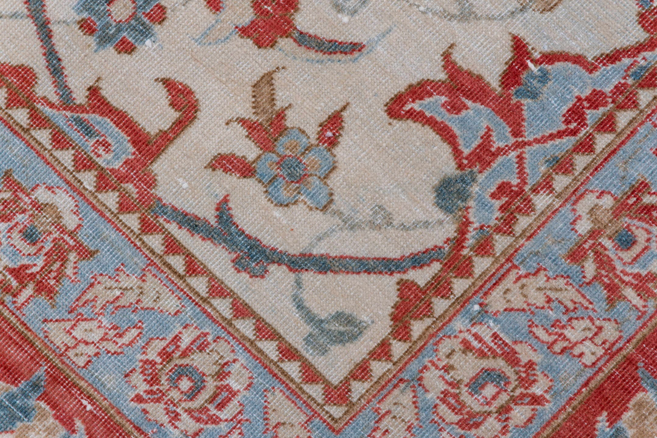10' x 13' one-of-a-kind handmade vintage Kashan large size rug. Color palette: ivory, coral, sky blue, brick red, dusty rose