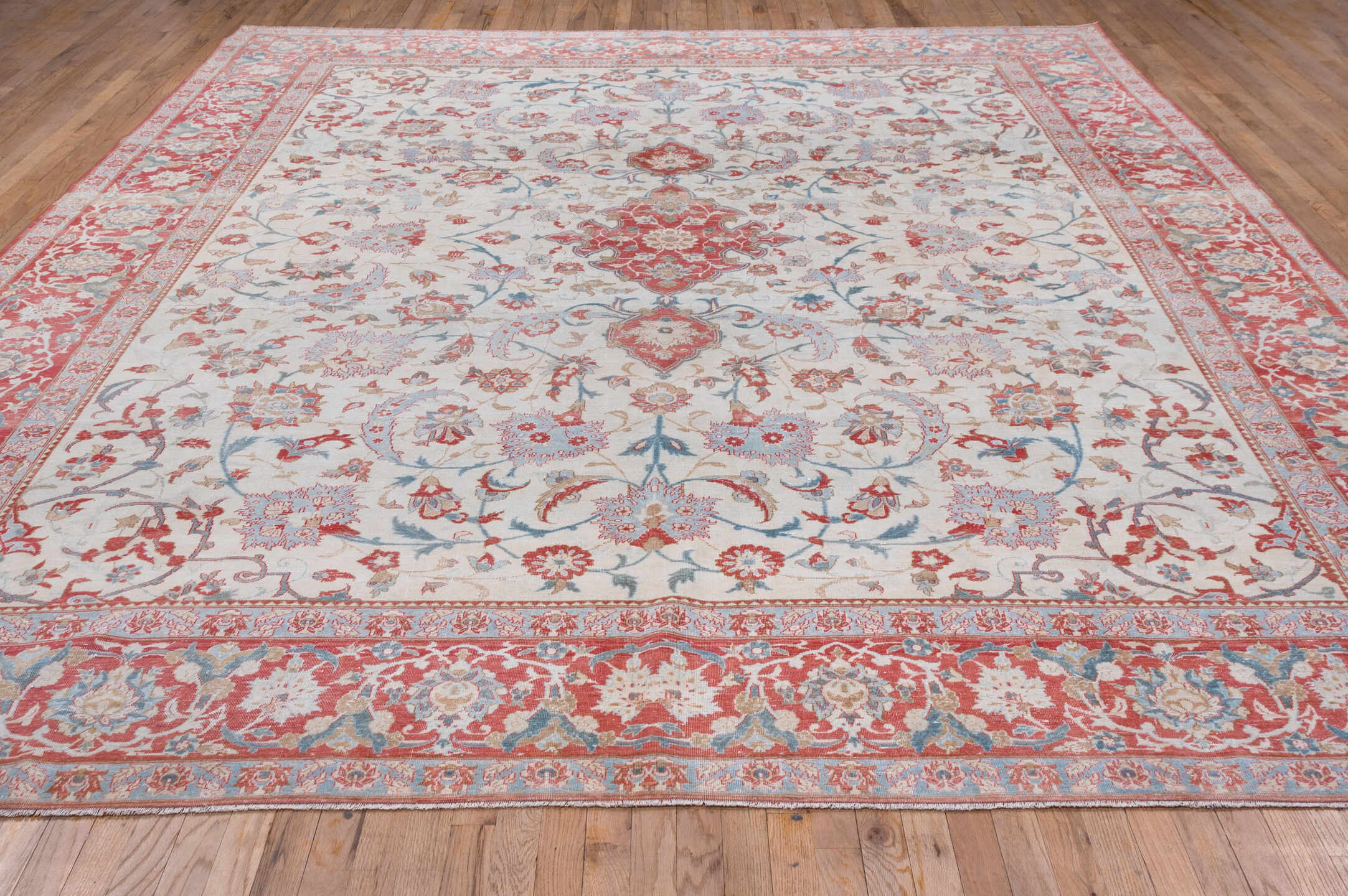 10' x 13' one-of-a-kind handmade vintage Kashan large size rug. Color palette: ivory, coral, sky blue, brick red, dusty rose