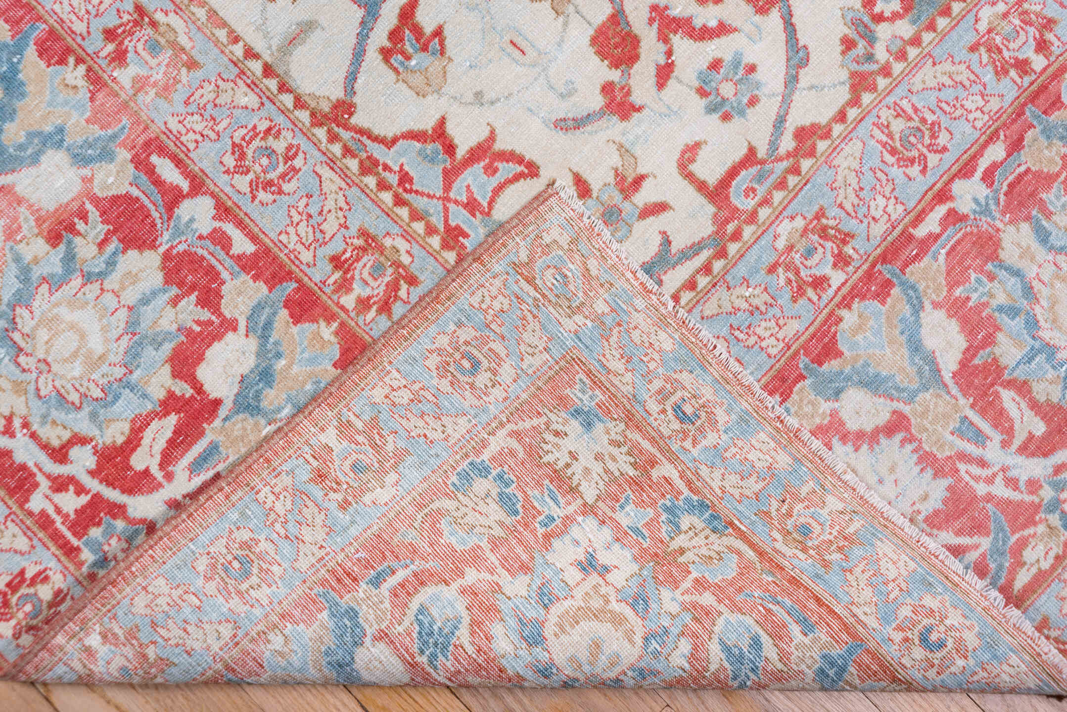 10' x 13' one-of-a-kind handmade vintage Kashan large size rug. Color palette: ivory, coral, sky blue, brick red, dusty rose