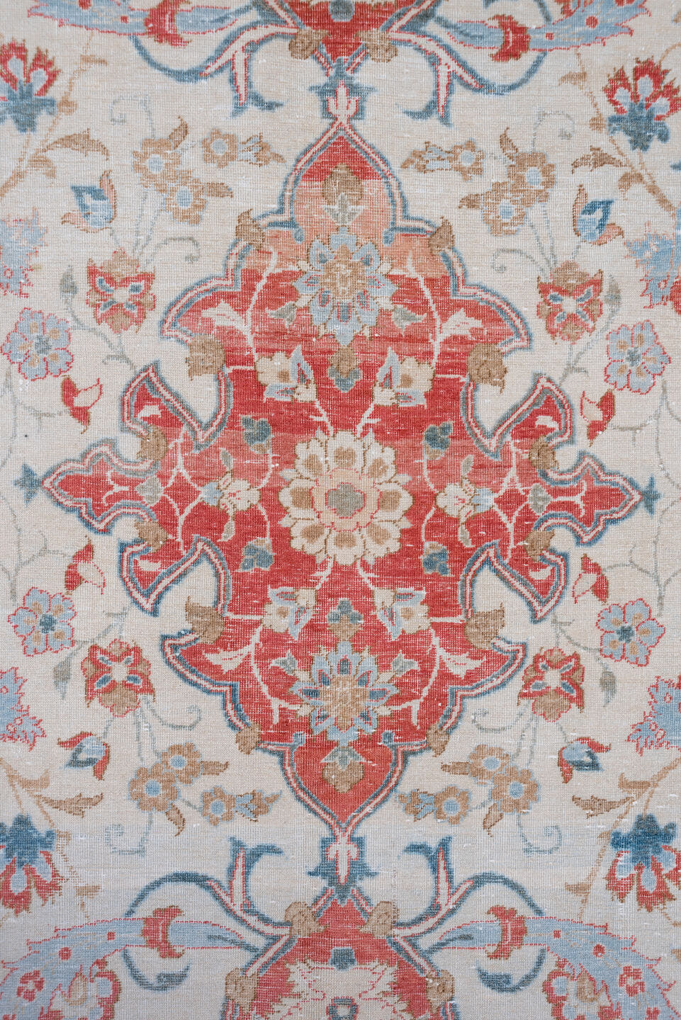 10' x 13' one-of-a-kind handmade vintage Kashan large size rug. Color palette: ivory, coral, sky blue, brick red, dusty rose