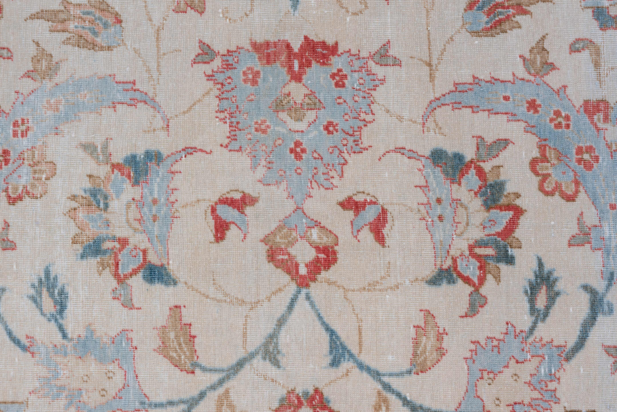 10' x 13' one-of-a-kind handmade vintage Kashan large size rug. Color palette: ivory, coral, sky blue, brick red, dusty rose