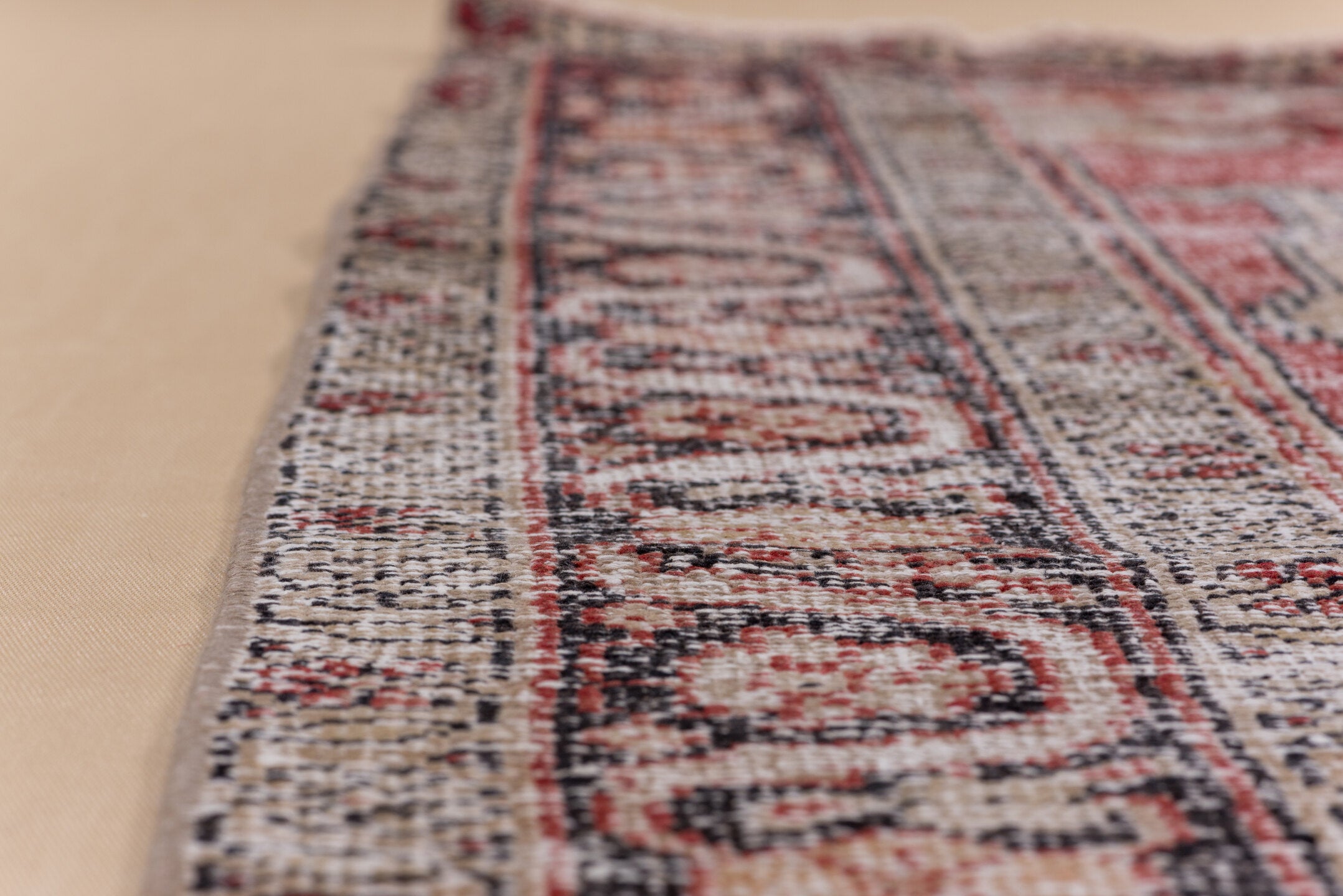 4' x 7' one-of-a-kind handmade vintage Oushak rug. Color palette: ivory, coral, charcoal, red, peach, taupe, slate