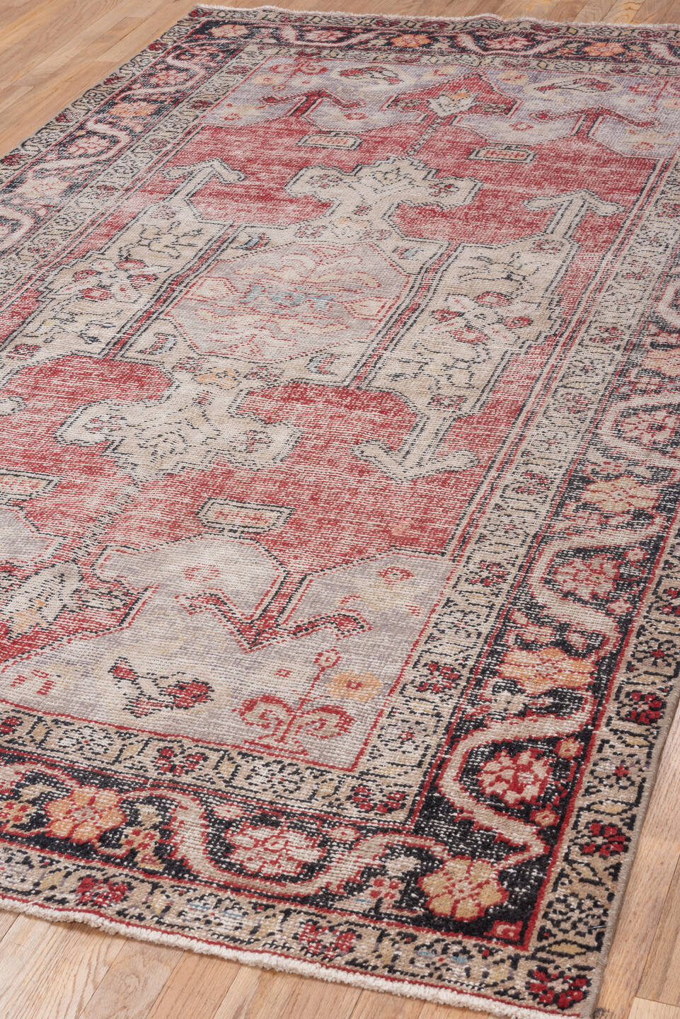 4' x 7' one-of-a-kind handmade vintage Oushak rug. Color palette: ivory, coral, charcoal, red, peach, taupe, slate