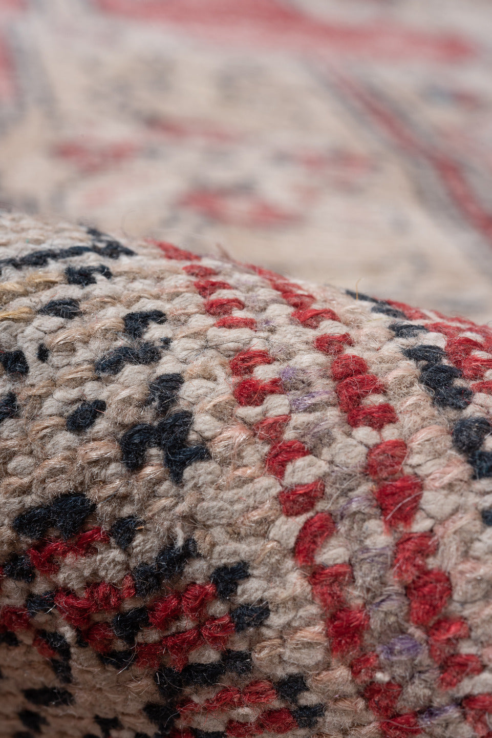 4' x 7' one-of-a-kind handmade vintage Oushak rug. Color palette: ivory, coral, charcoal, red, peach, taupe, slate