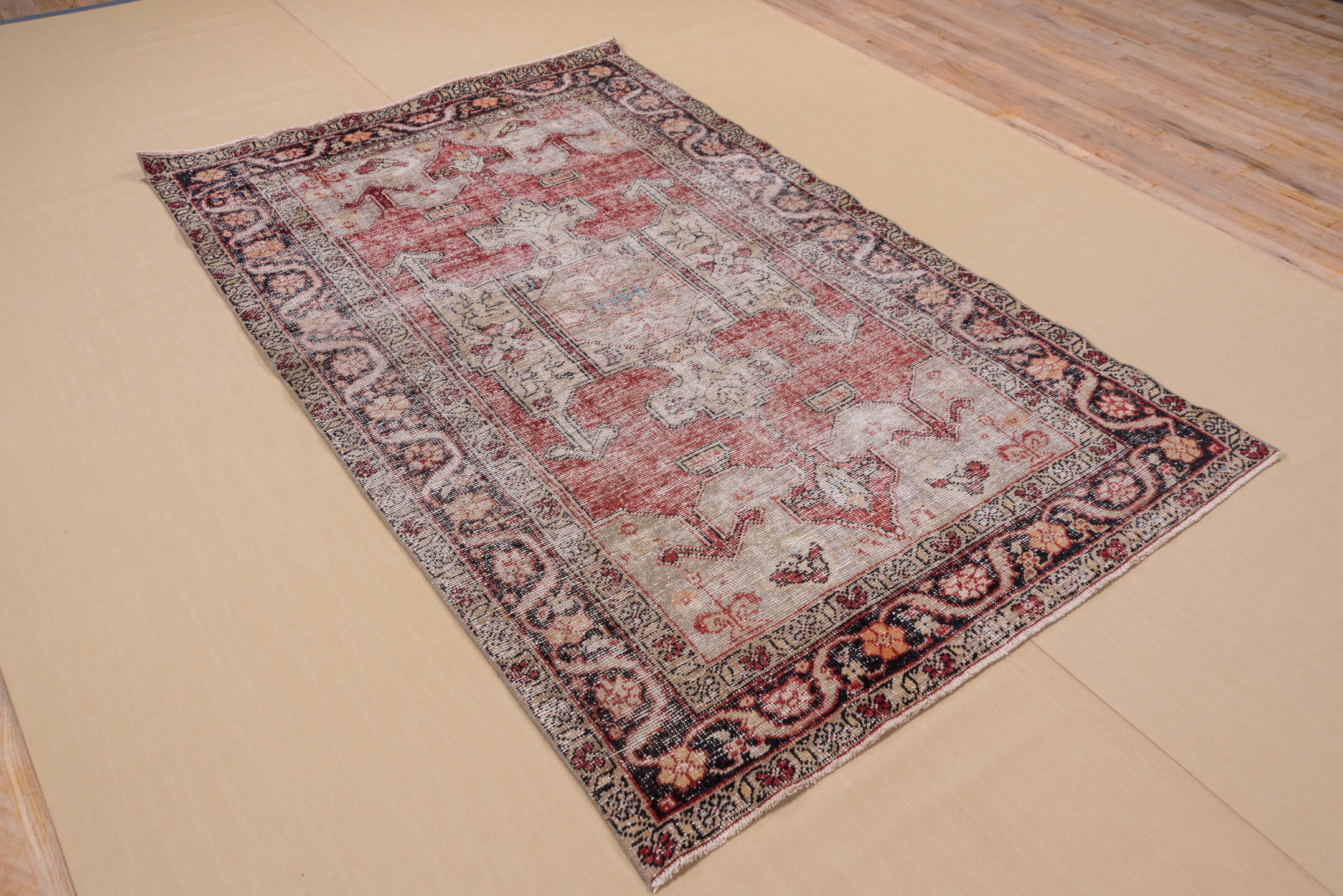 4' x 7' one-of-a-kind handmade vintage Oushak rug. Color palette: ivory, coral, charcoal, red, peach, taupe, slate