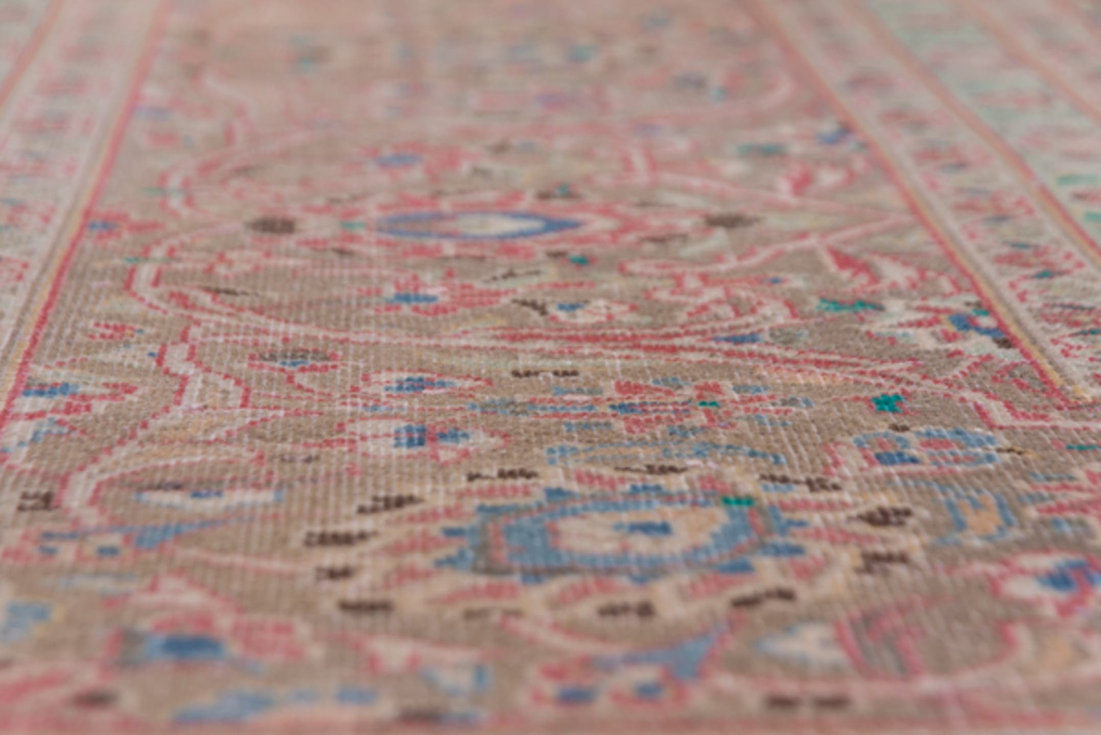 9' x 13' one-of-a-kind handmade vintage Kashan large size rug. Color palette: coral, beige, ivory, taupe, sky_blue, sage