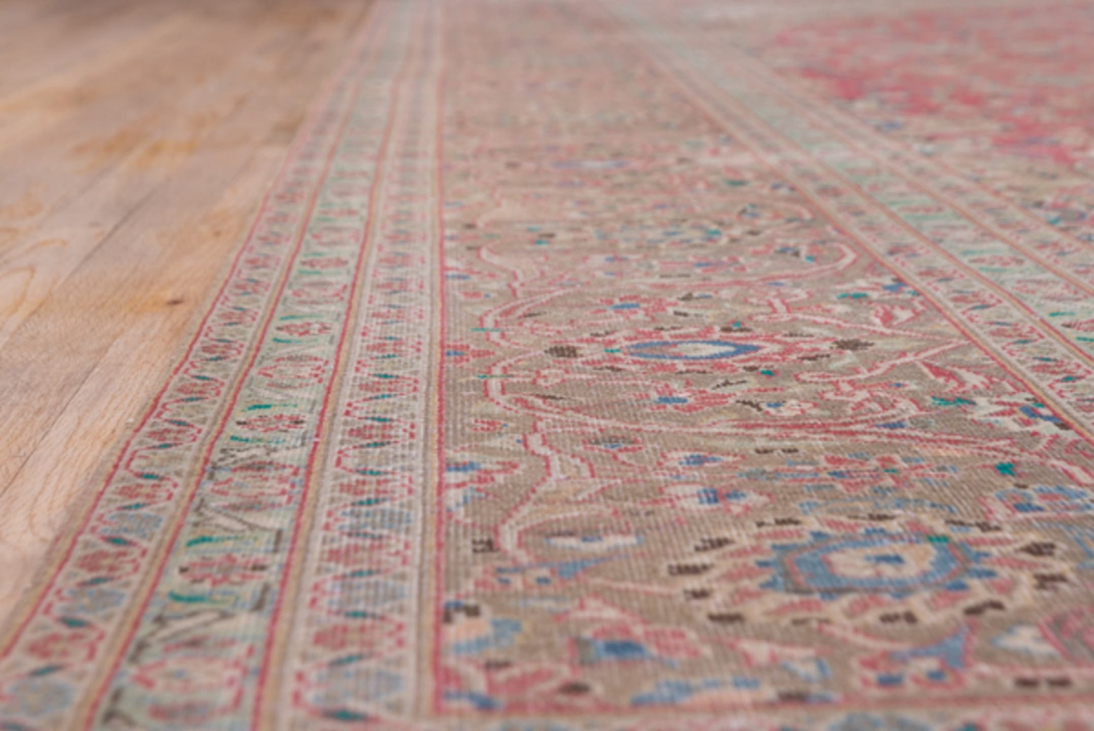 9' x 13' one-of-a-kind handmade vintage Kashan large size rug. Color palette: coral, beige, ivory, taupe, sky_blue, sage