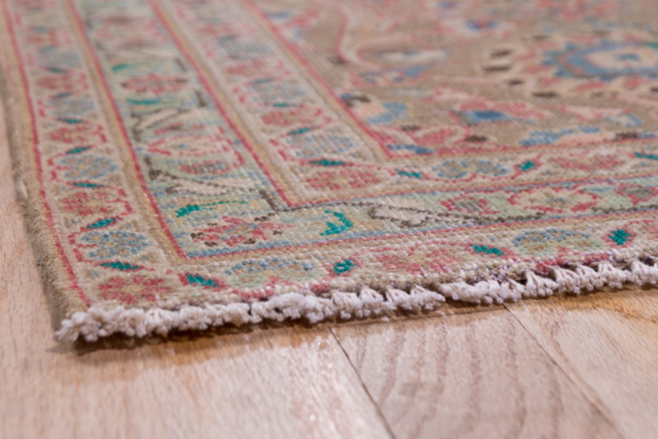 9' x 13' one-of-a-kind handmade vintage Kashan large size rug. Color palette: coral, beige, ivory, taupe, sky_blue, sage