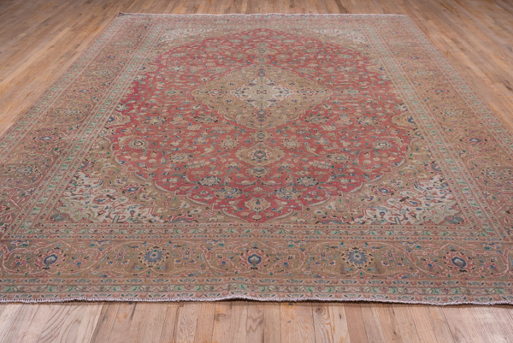 9' x 13' one-of-a-kind handmade vintage Kashan large size rug. Color palette: coral, beige, ivory, taupe, sky_blue, sage