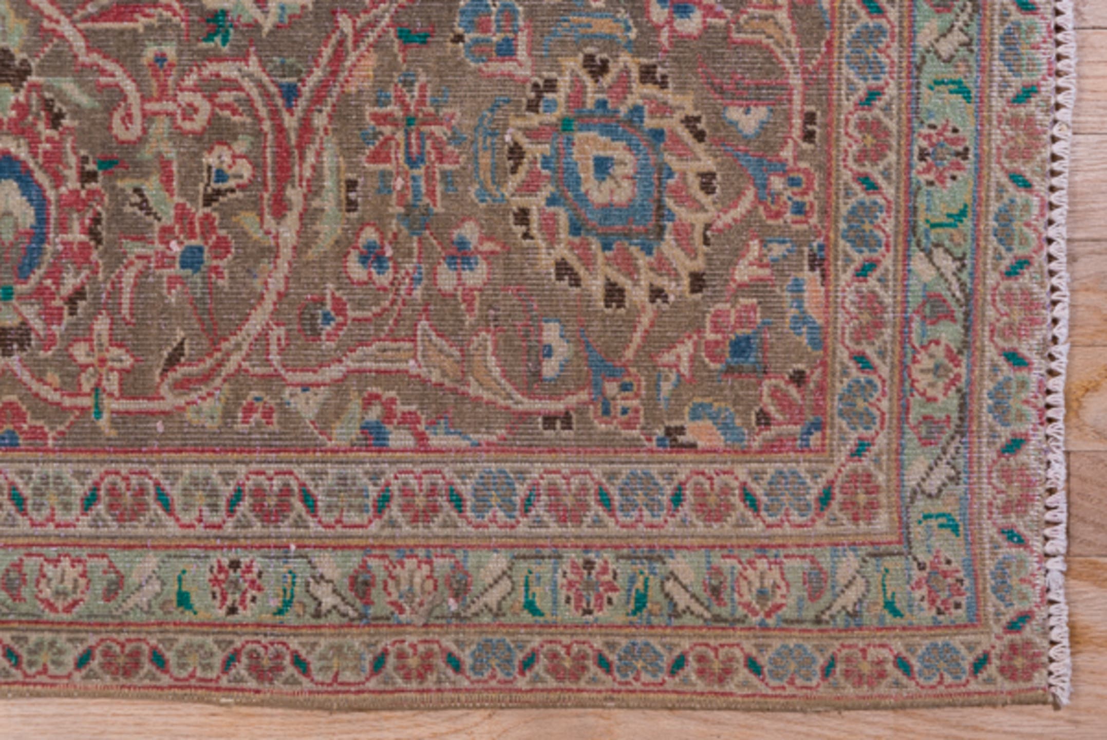 9' x 13' one-of-a-kind handmade vintage Kashan large size rug. Color palette: coral, beige, ivory, taupe, sky_blue, sage