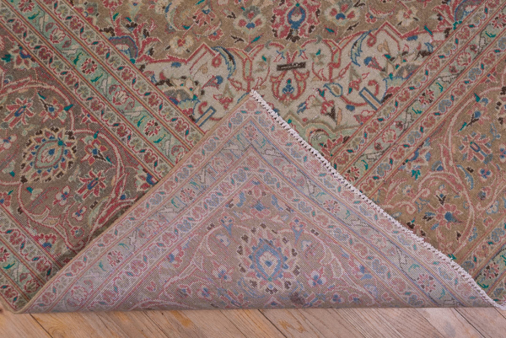 9' x 13' one-of-a-kind handmade vintage Kashan large size rug. Color palette: coral, beige, ivory, taupe, sky_blue, sage