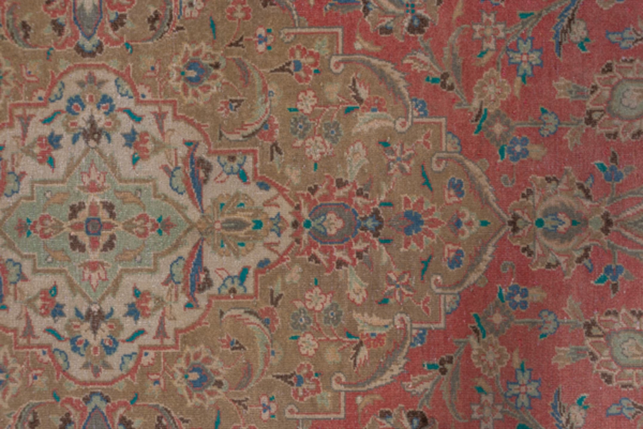 9' x 13' one-of-a-kind handmade vintage Kashan large size rug. Color palette: coral, beige, ivory, taupe, sky_blue, sage