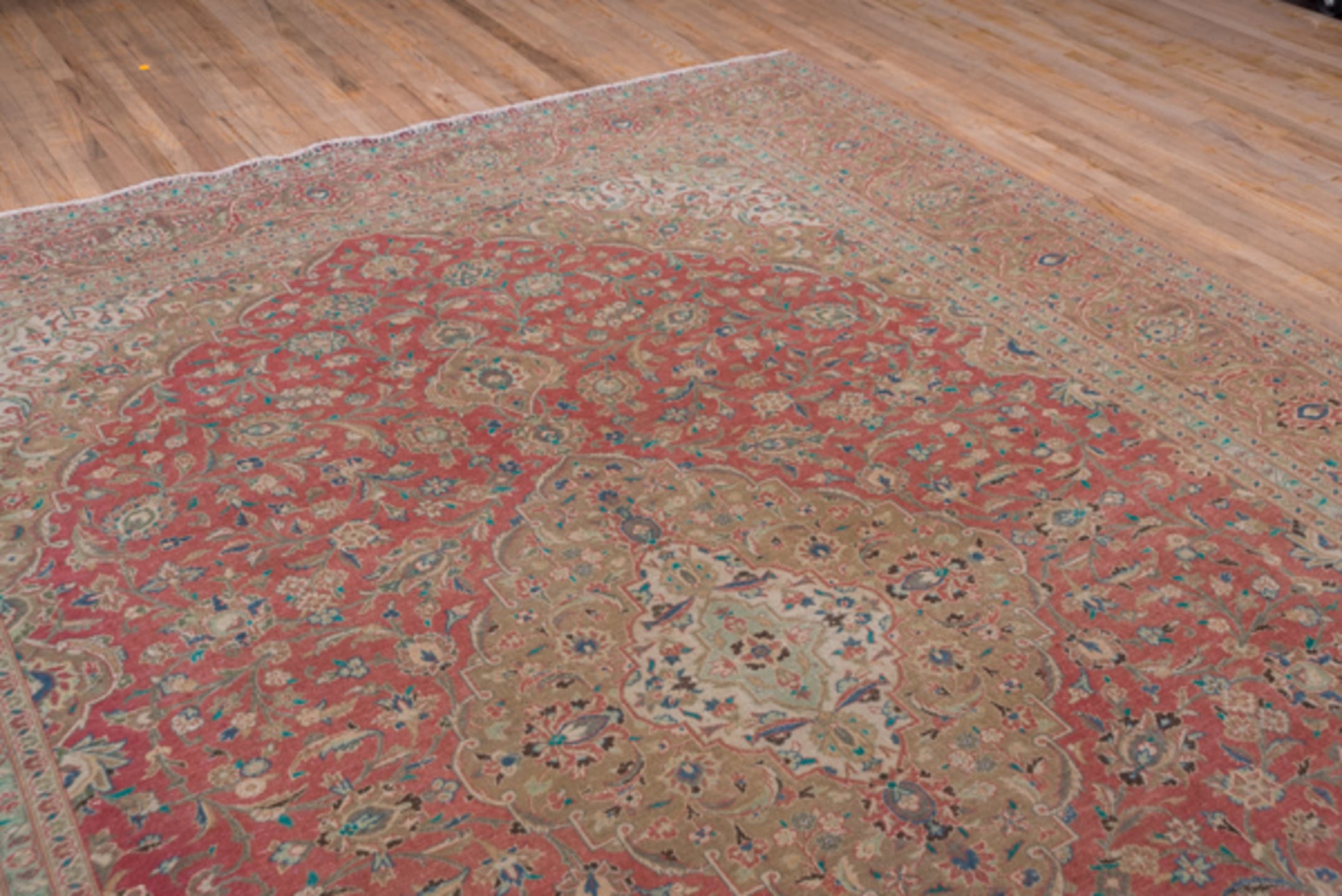 9' x 13' one-of-a-kind handmade vintage Kashan large size rug. Color palette: coral, beige, ivory, taupe, sky_blue, sage