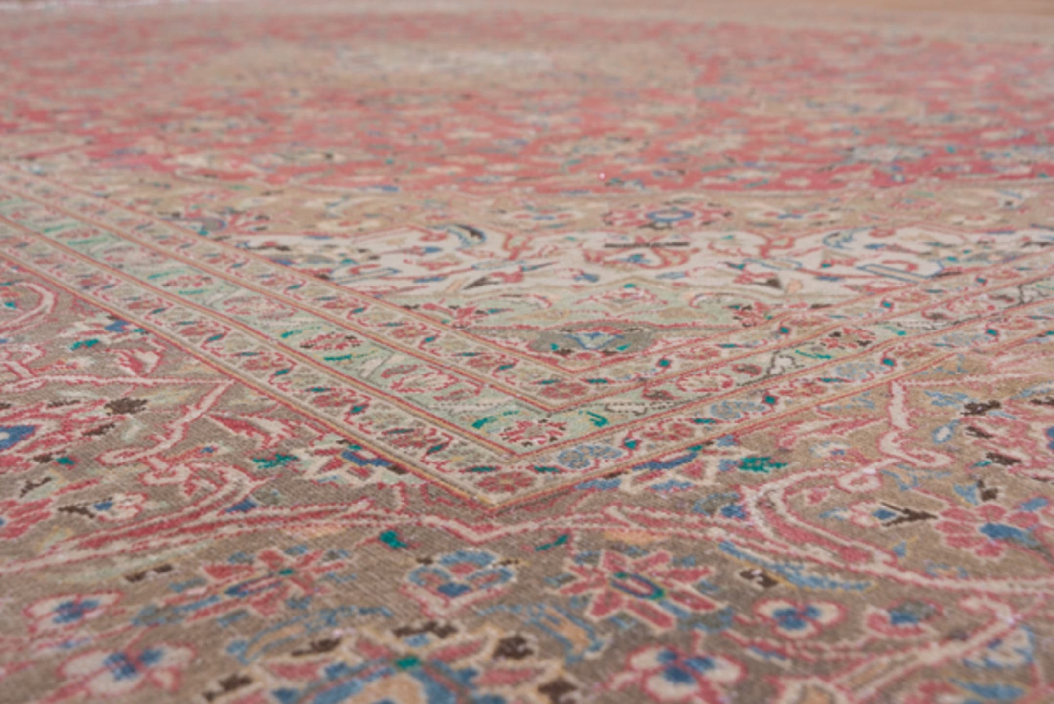 9' x 13' one-of-a-kind handmade vintage Kashan large size rug. Color palette: coral, beige, ivory, taupe, sky_blue, sage
