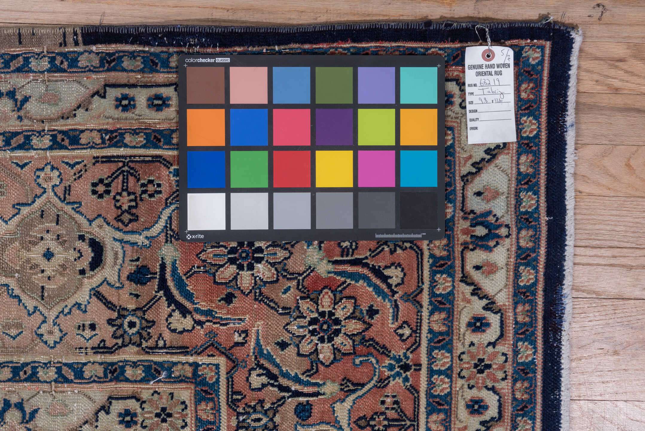 9' x 13' one-of-a-kind handmade vintage Tabriz large size rug. Color palette: ivory, blush, navy, dusty rose, taupe, slate