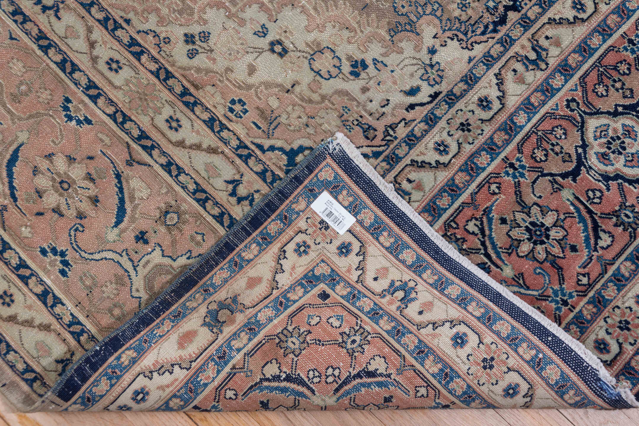 9' x 13' one-of-a-kind handmade vintage Tabriz large size rug. Color palette: ivory, blush, navy, dusty rose, taupe, slate