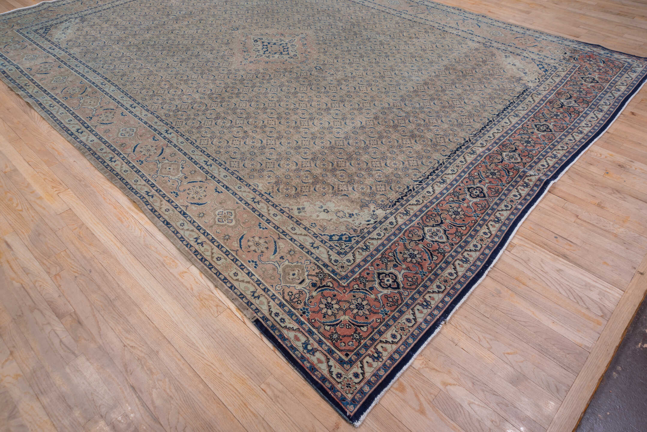 9' x 13' one-of-a-kind handmade vintage Tabriz large size rug. Color palette: ivory, blush, navy, dusty rose, taupe, slate