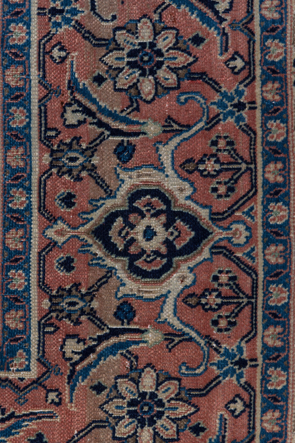 9' x 13' one-of-a-kind handmade vintage Tabriz large size rug. Color palette: ivory, blush, navy, dusty rose, taupe, slate
