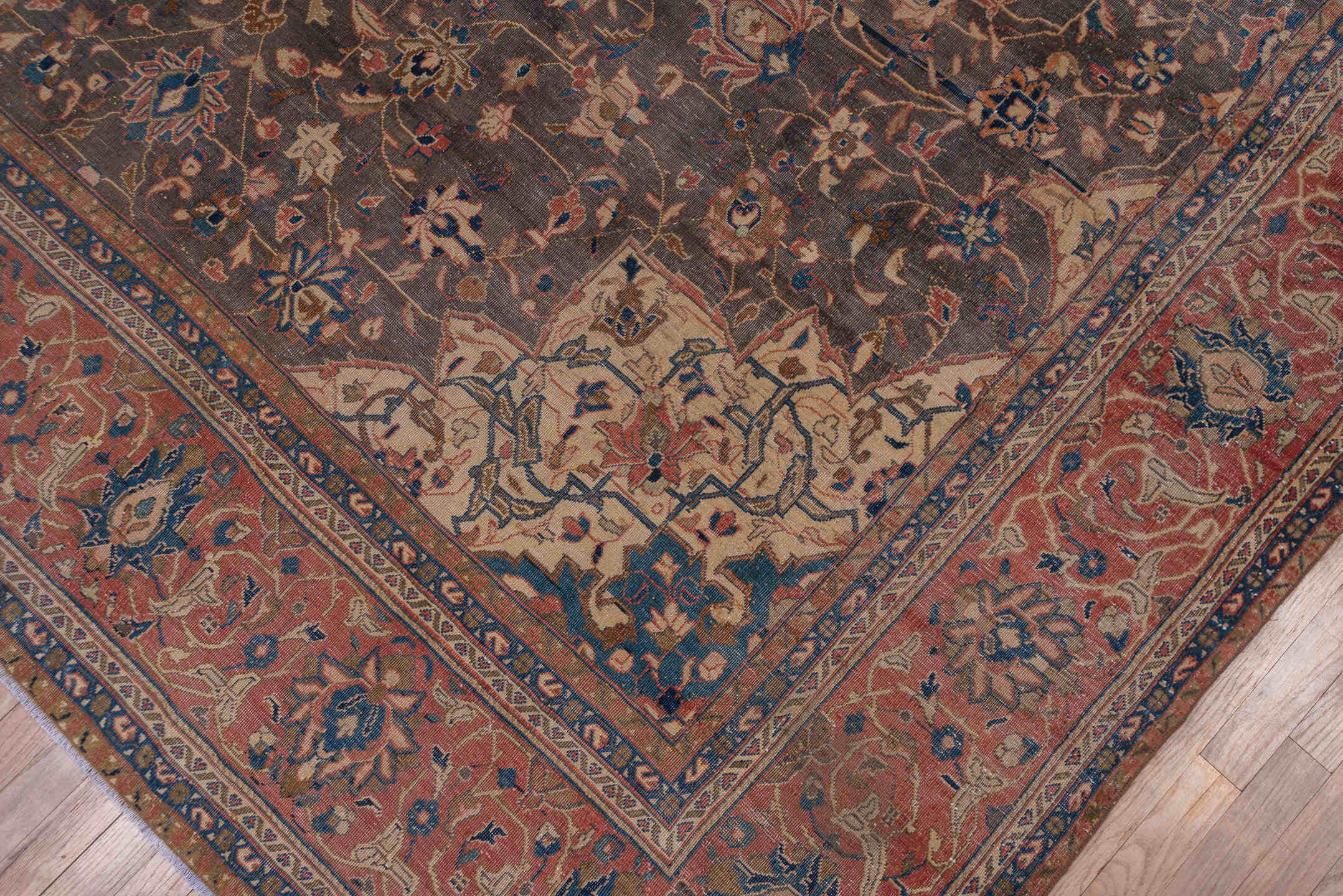 8' x 12' one-of-a-kind handmade vintage Kashan large size rug. Color palette: charcoal, rust, ivory, navy, rose, taupe