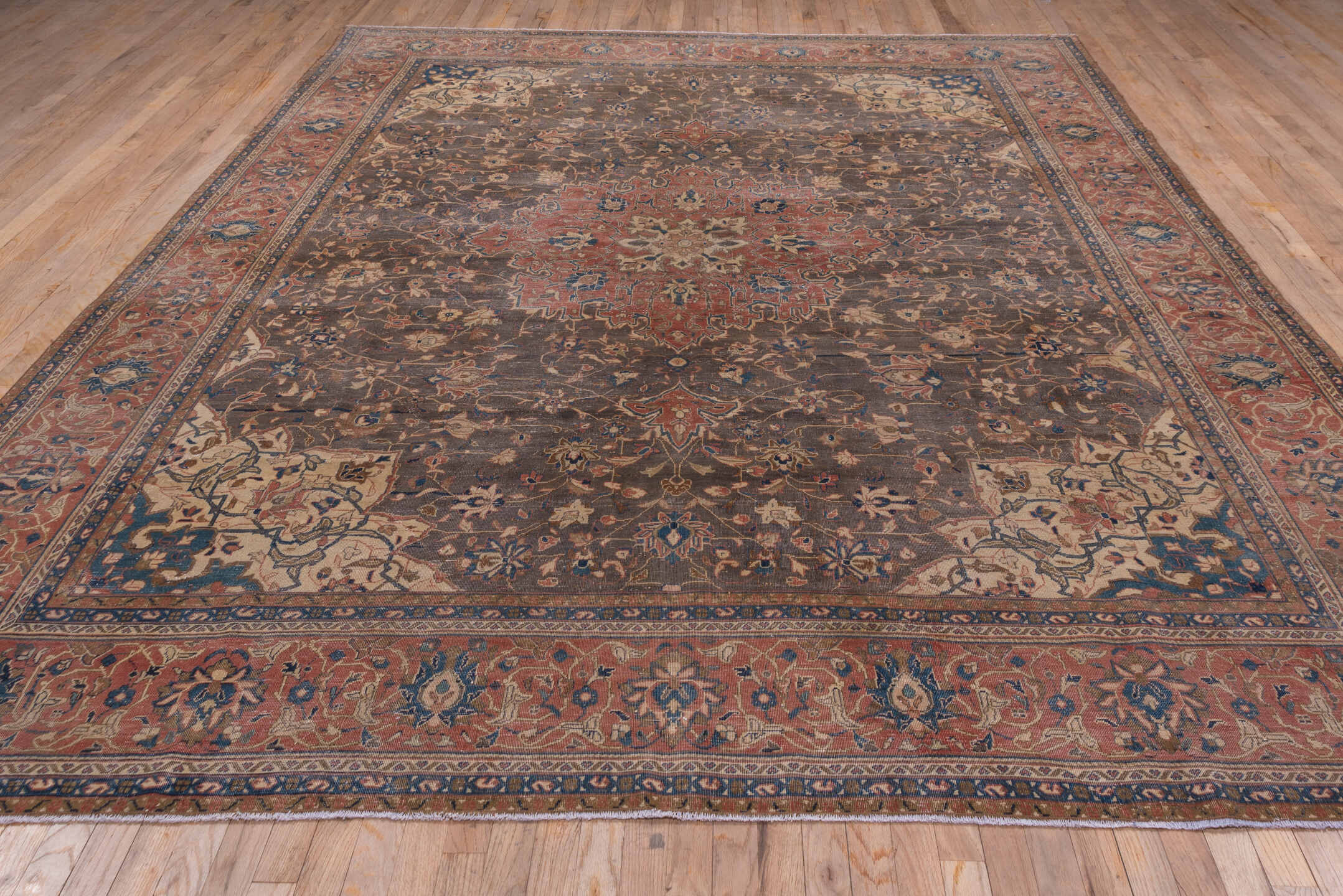 8' x 12' one-of-a-kind handmade vintage Kashan large size rug. Color palette: charcoal, rust, ivory, navy, rose, taupe