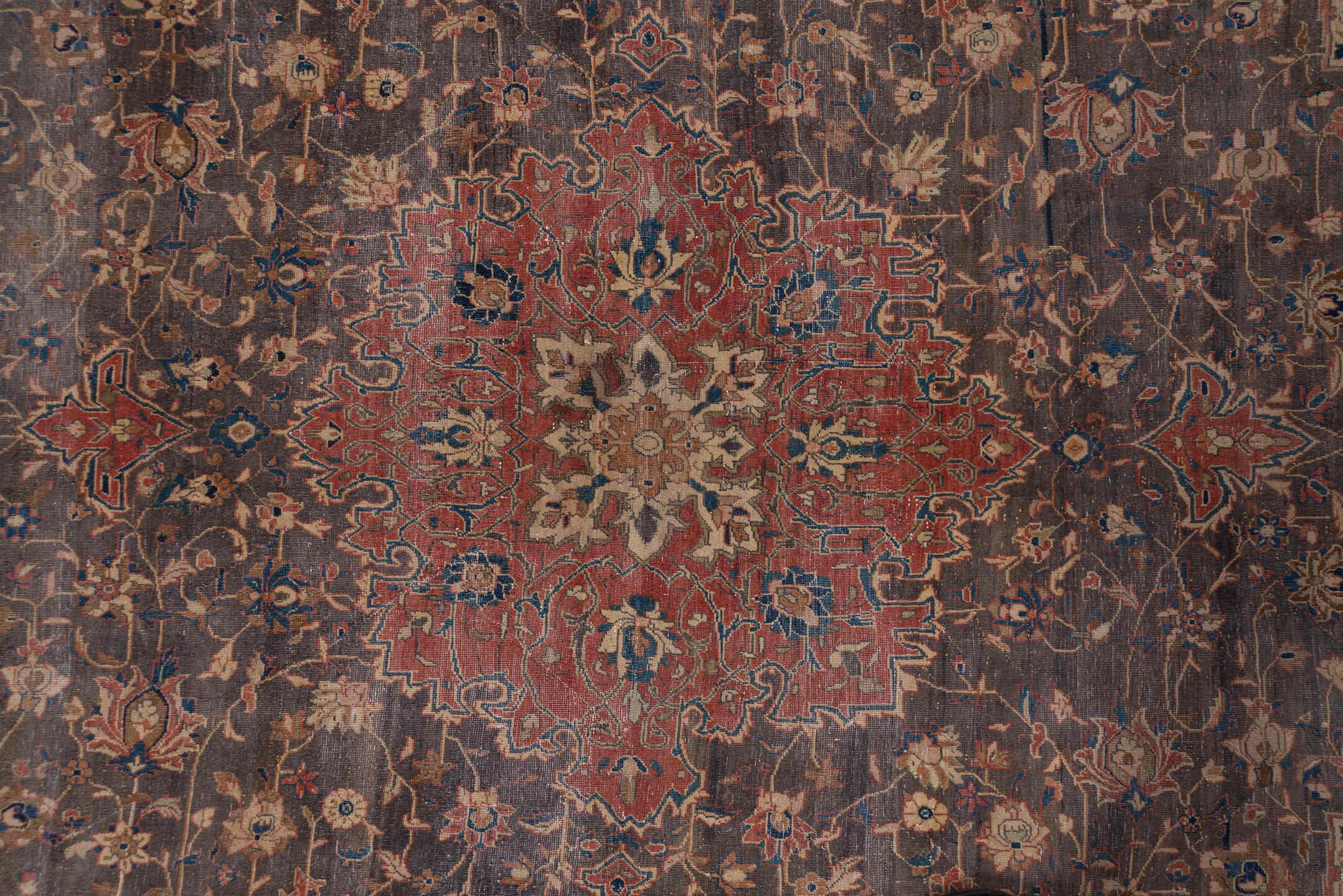 8' x 12' one-of-a-kind handmade vintage Kashan large size rug. Color palette: charcoal, rust, ivory, navy, rose, taupe