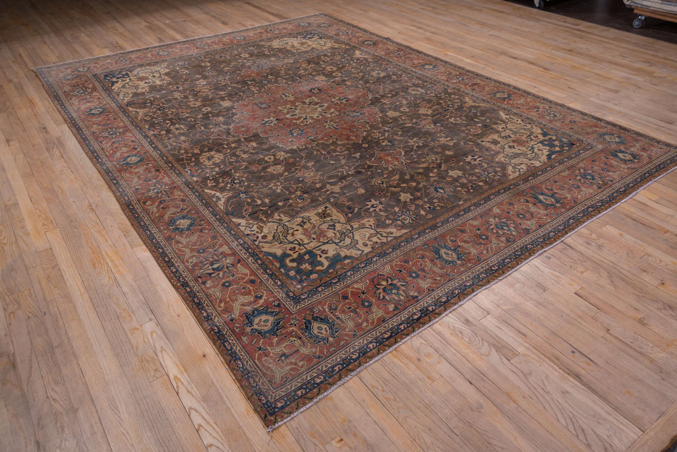 8' x 12' one-of-a-kind handmade vintage Kashan large size rug. Color palette: charcoal, rust, ivory, navy, rose, taupe