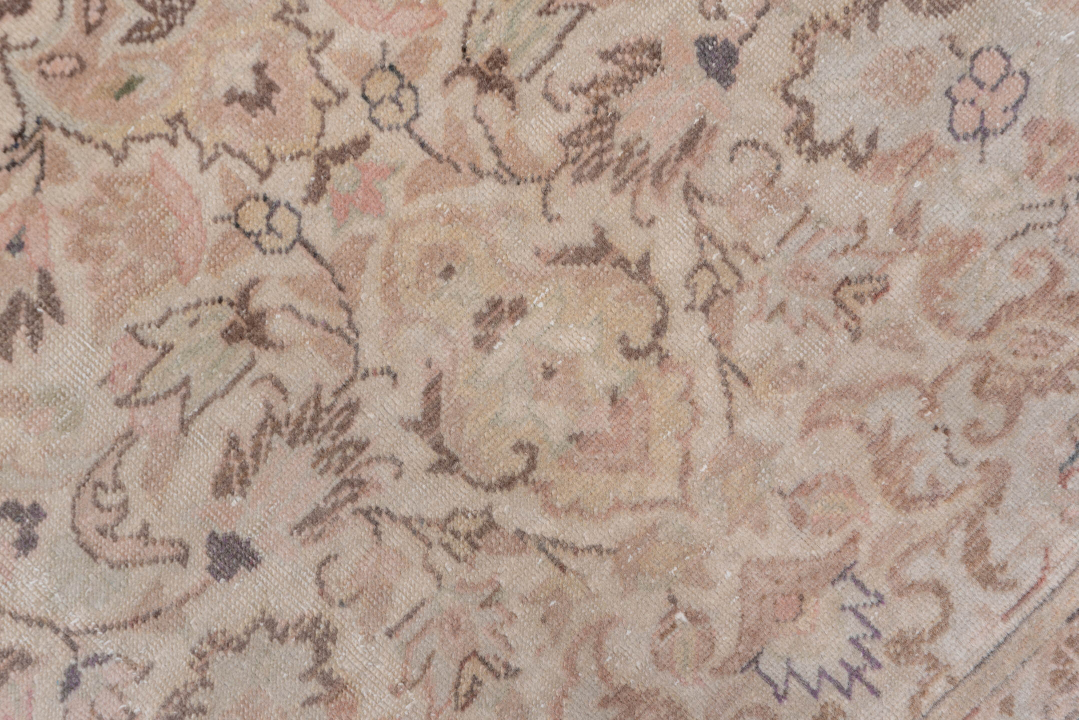 4' x 6' one-of-a-kind handmade vintage Kaisary small size rug. Color palette: ivory, blush, taupe, rose, beige, brown, sage