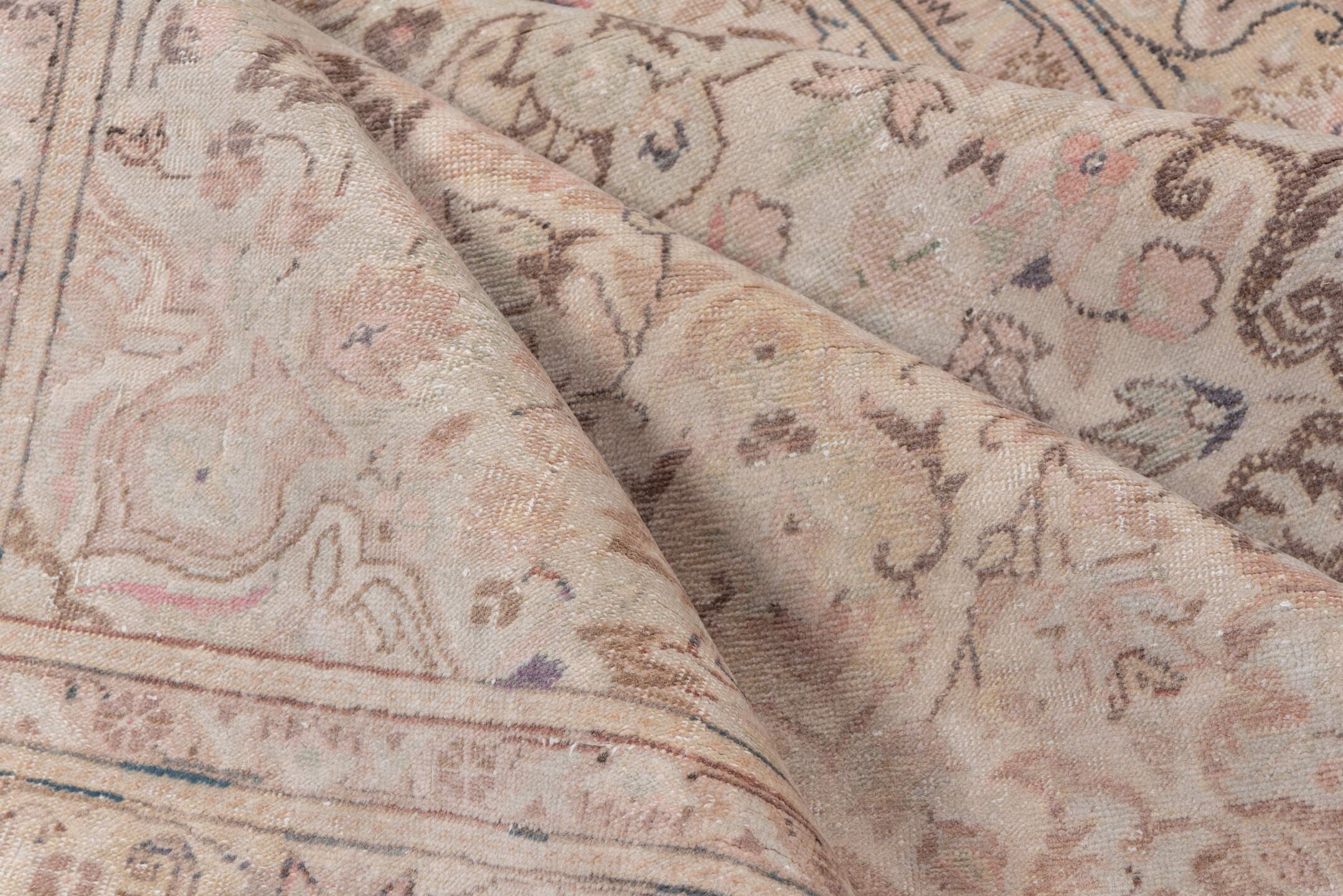 4' x 6' one-of-a-kind handmade vintage Kaisary small size rug. Color palette: ivory, blush, taupe, rose, beige, brown, sage