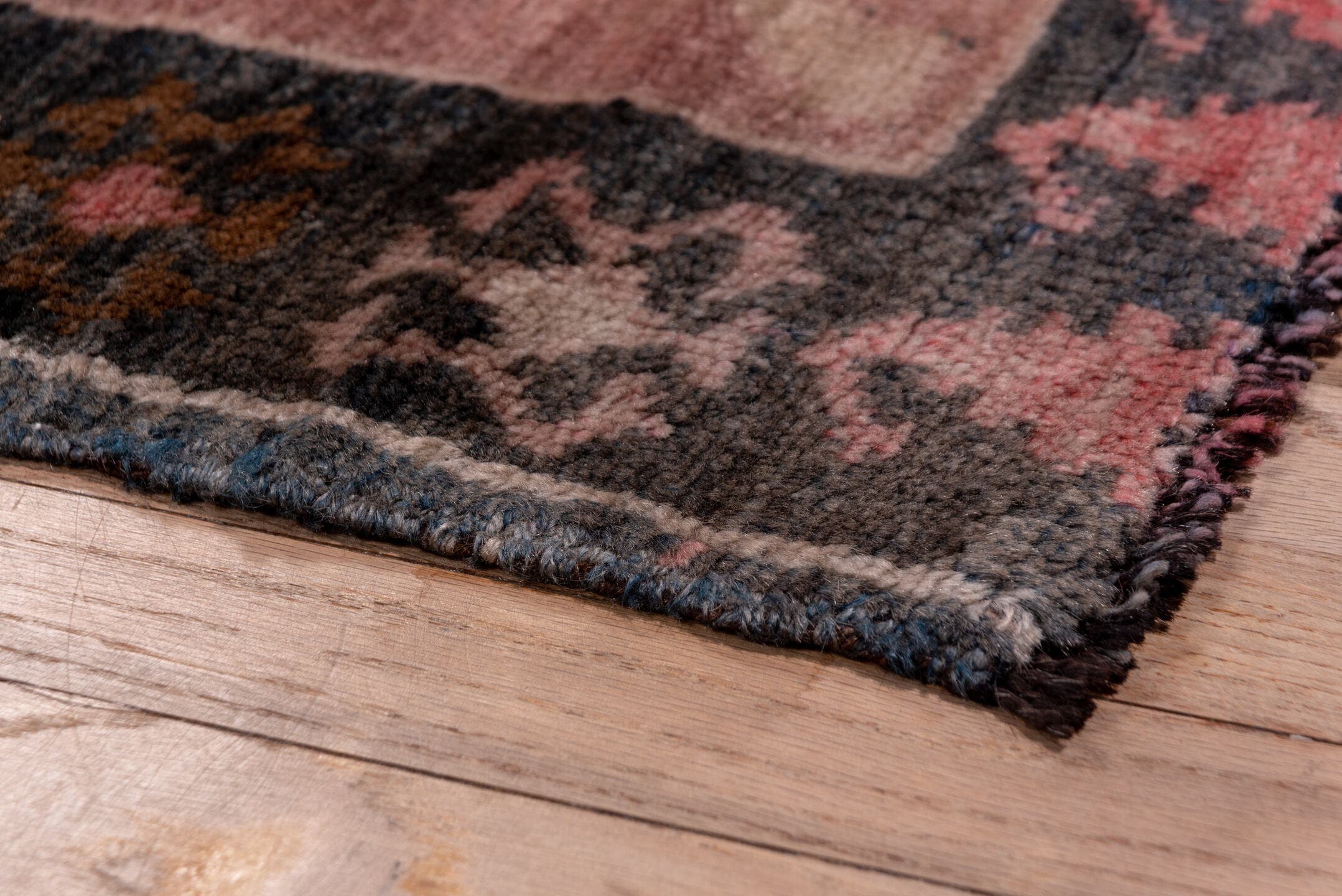 4' x 12' one-of-a-kind handmade vintage Kars runner rug. Color palette: rose, blush, charcoal, raspberry, taupe, mauve