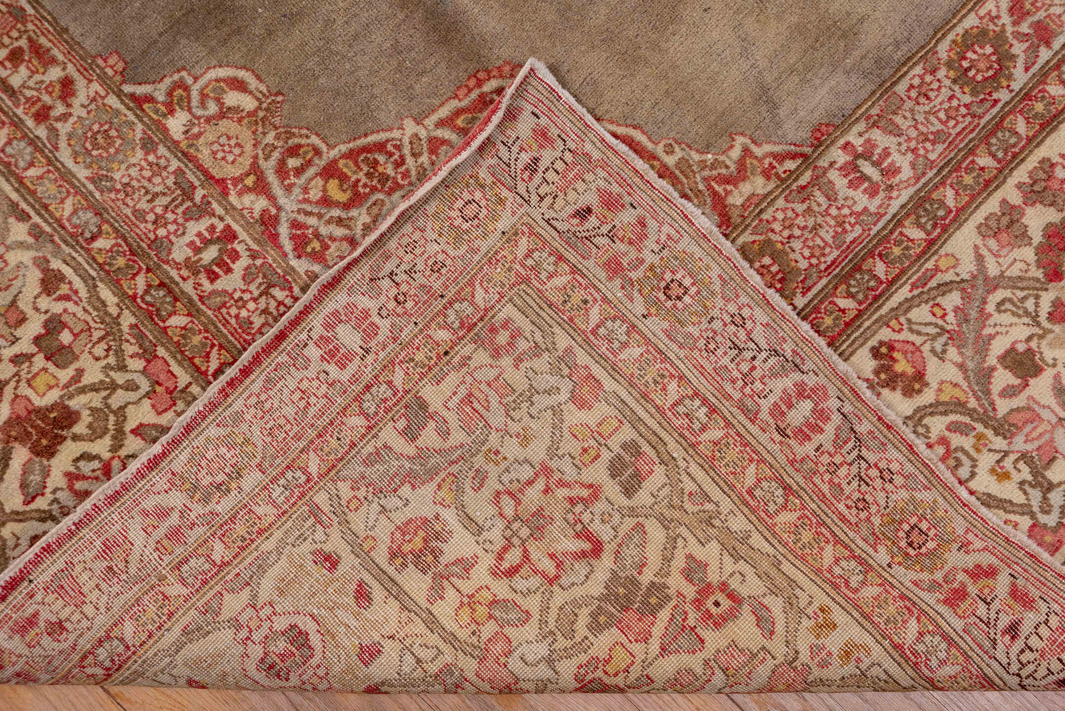 9' x 12' one-of-a-kind handmade antique Tabriz large size rug. Color palette: taupe, ivory, rose, rust, camel, brown, beige