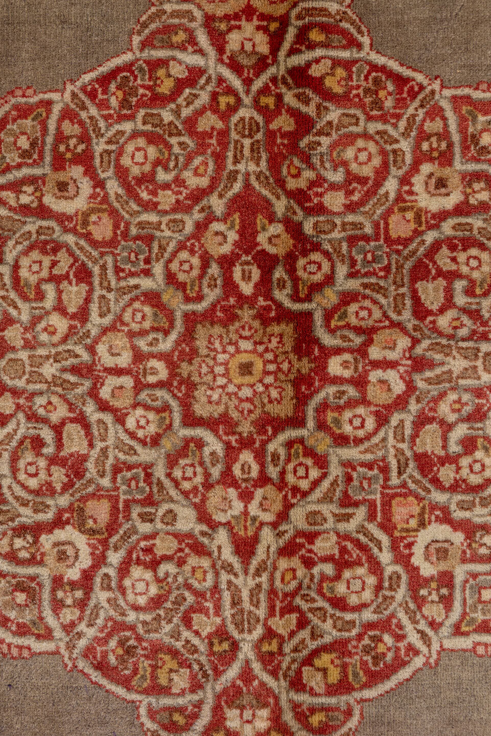 9' x 12' one-of-a-kind handmade antique Tabriz large size rug. Color palette: taupe, ivory, rose, rust, camel, brown, beige
