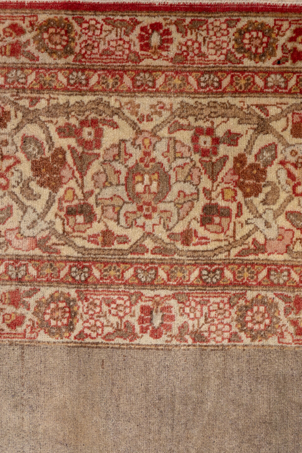 9' x 12' one-of-a-kind handmade antique Tabriz large size rug. Color palette: taupe, ivory, rose, rust, camel, brown, beige