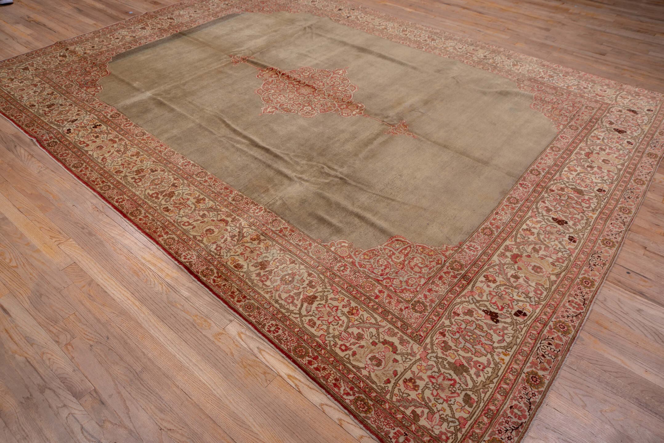 9' x 12' one-of-a-kind handmade antique Tabriz large size rug. Color palette: taupe, ivory, rose, rust, camel, brown, beige