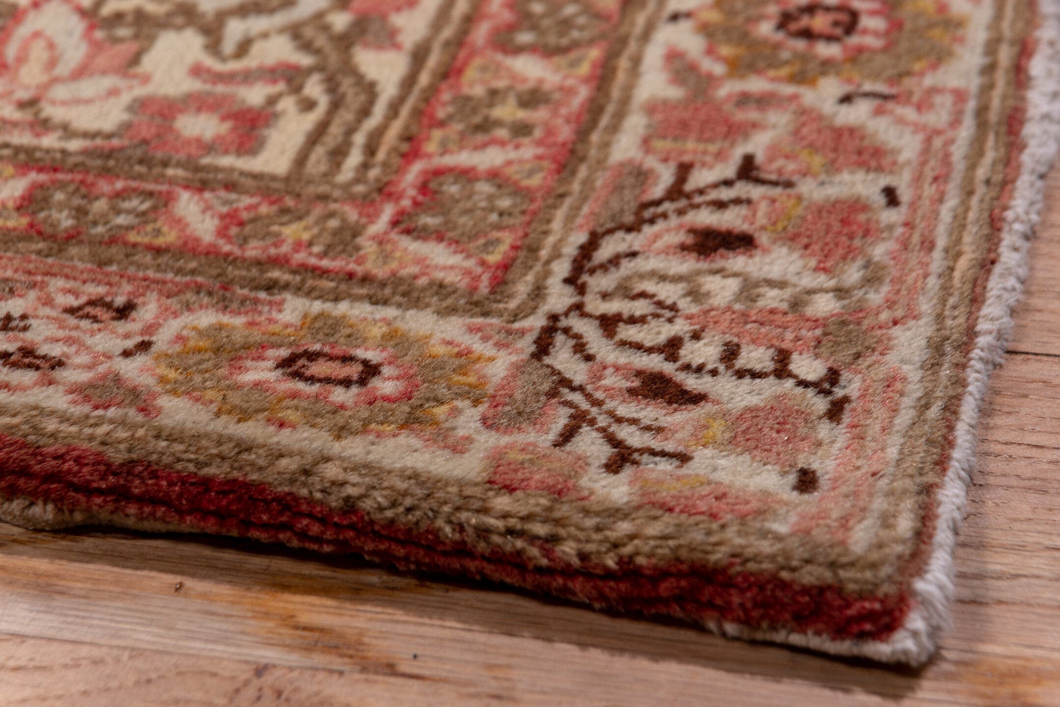 9' x 12' one-of-a-kind handmade antique Tabriz large size rug. Color palette: taupe, ivory, rose, rust, camel, brown, beige