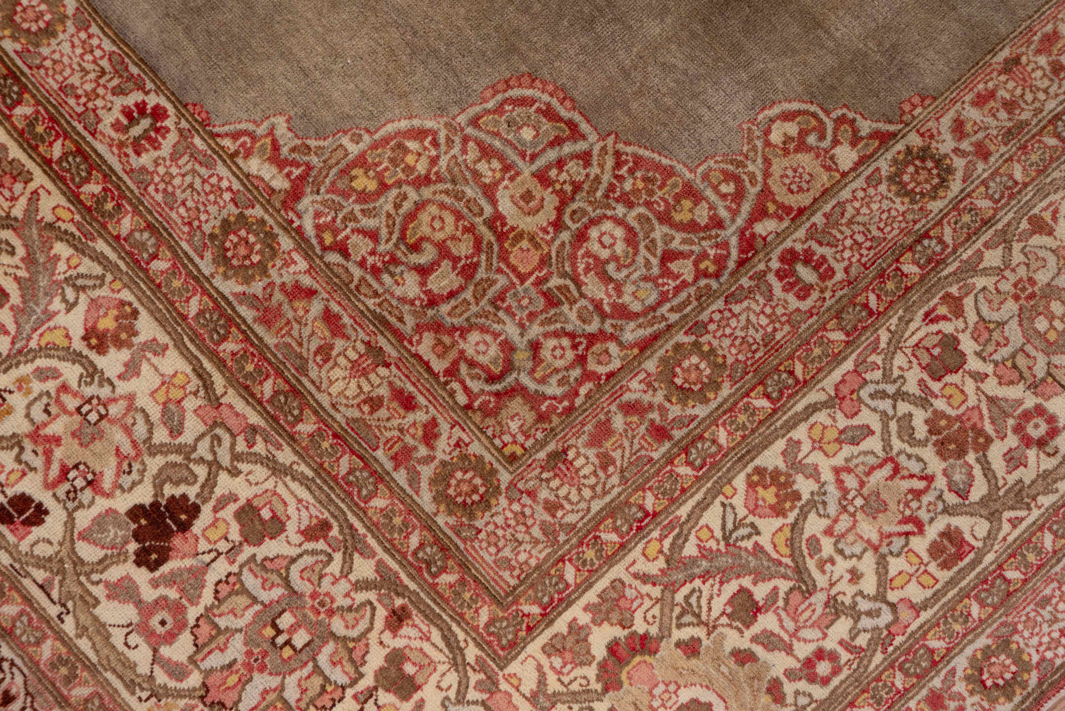 9' x 12' one-of-a-kind handmade antique Tabriz large size rug. Color palette: taupe, ivory, rose, rust, camel, brown, beige