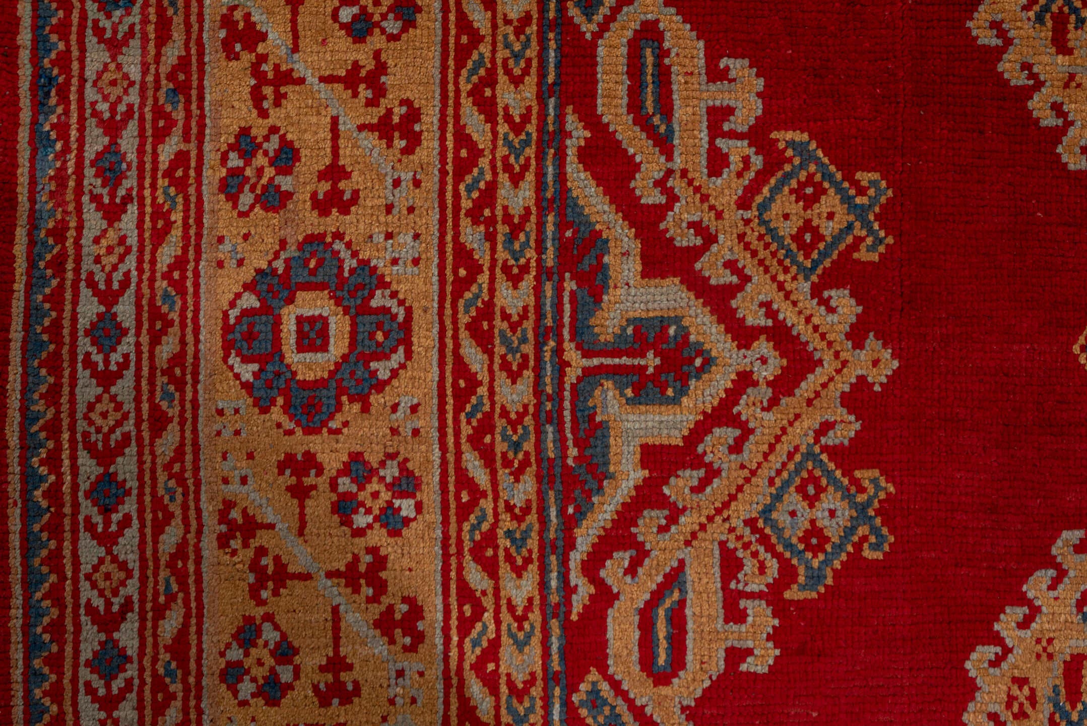10' x 13' one-of-a-kind handmade antique Oushak large size rug. Color palette: red, ivory, navy, camel, rust, sky_blue, blue