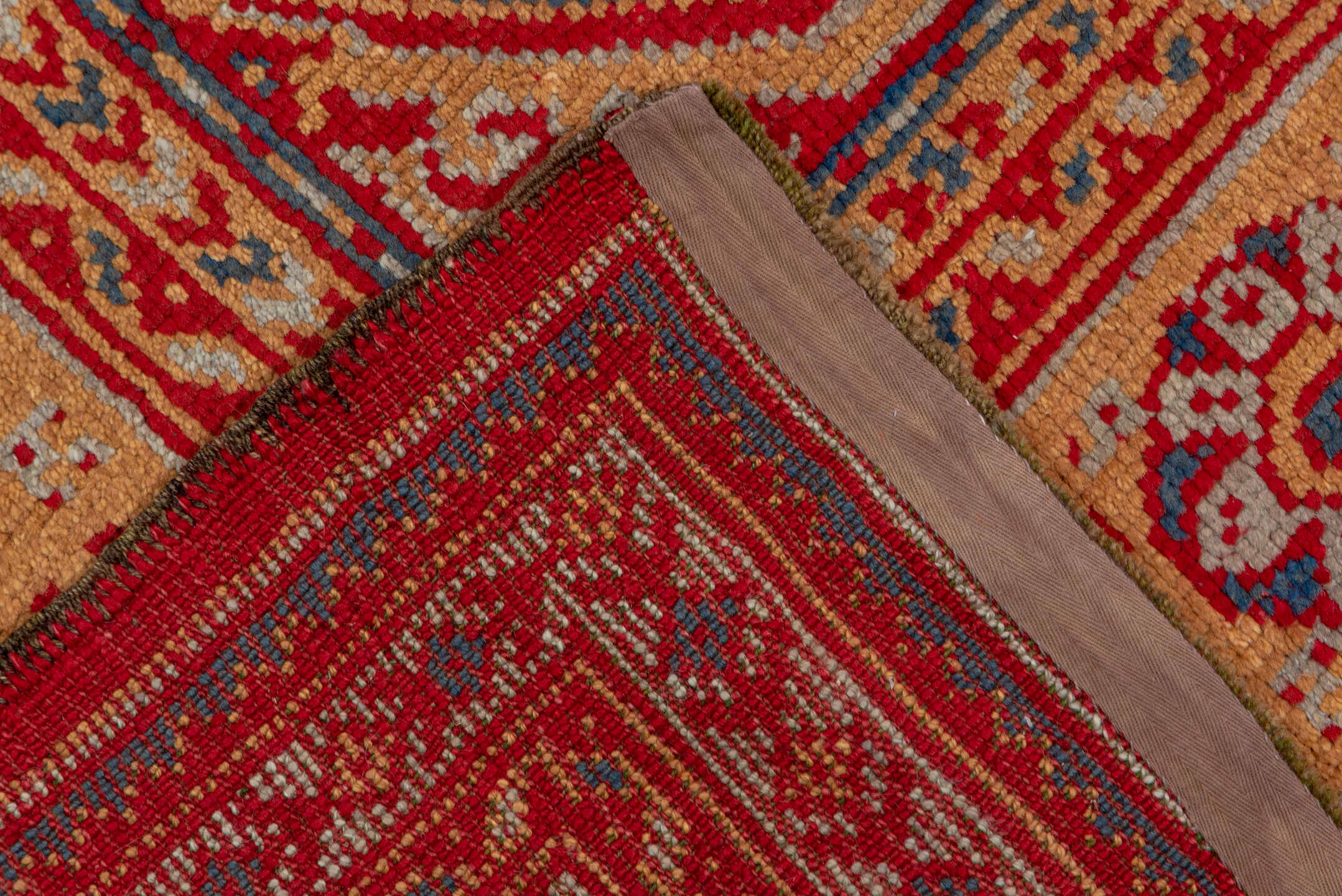 10' x 13' one-of-a-kind handmade antique Oushak large size rug. Color palette: red, ivory, navy, camel, rust, sky_blue, blue